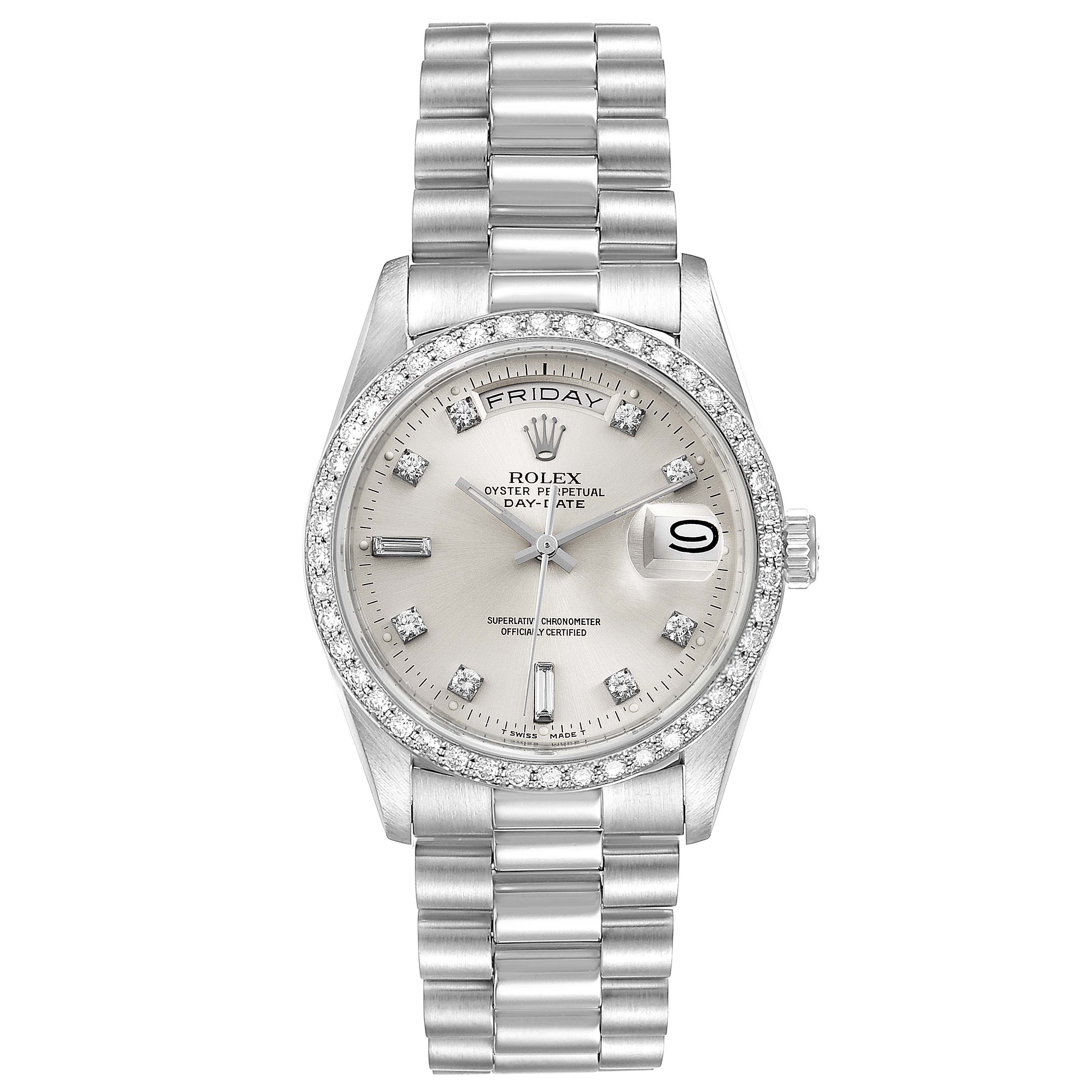 The image shows a Rolex President 18346 Men's Platinum Silver Dial 18346 Men's Platinum Silver Dial model watch from a top-down angle, displaying its silver dial, diamond bezel, and bracelet.