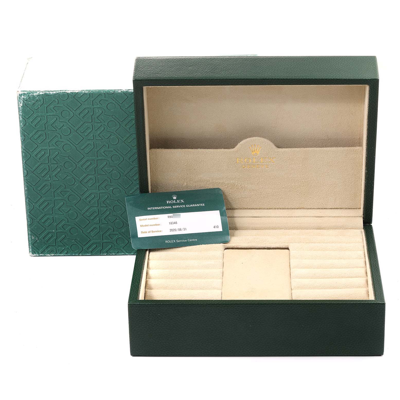 The image shows a green Rolex President 18346 Men's Platinum Silver Dial 18346 Men's Platinum Silver Dial watch box open, with its warranty card partially inside.