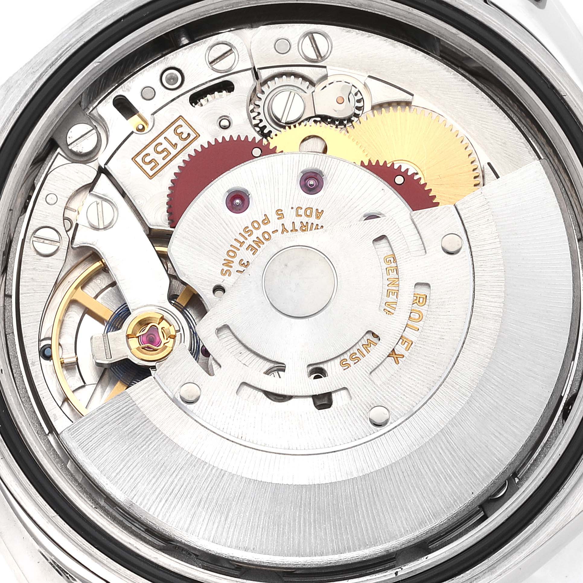 This image shows a close-up view of the movement and inner workings of a Rolex President 118139 Men's Stainless Steel Blue Dial 118139 Men's Stainless Steel Blue Dial model watch.