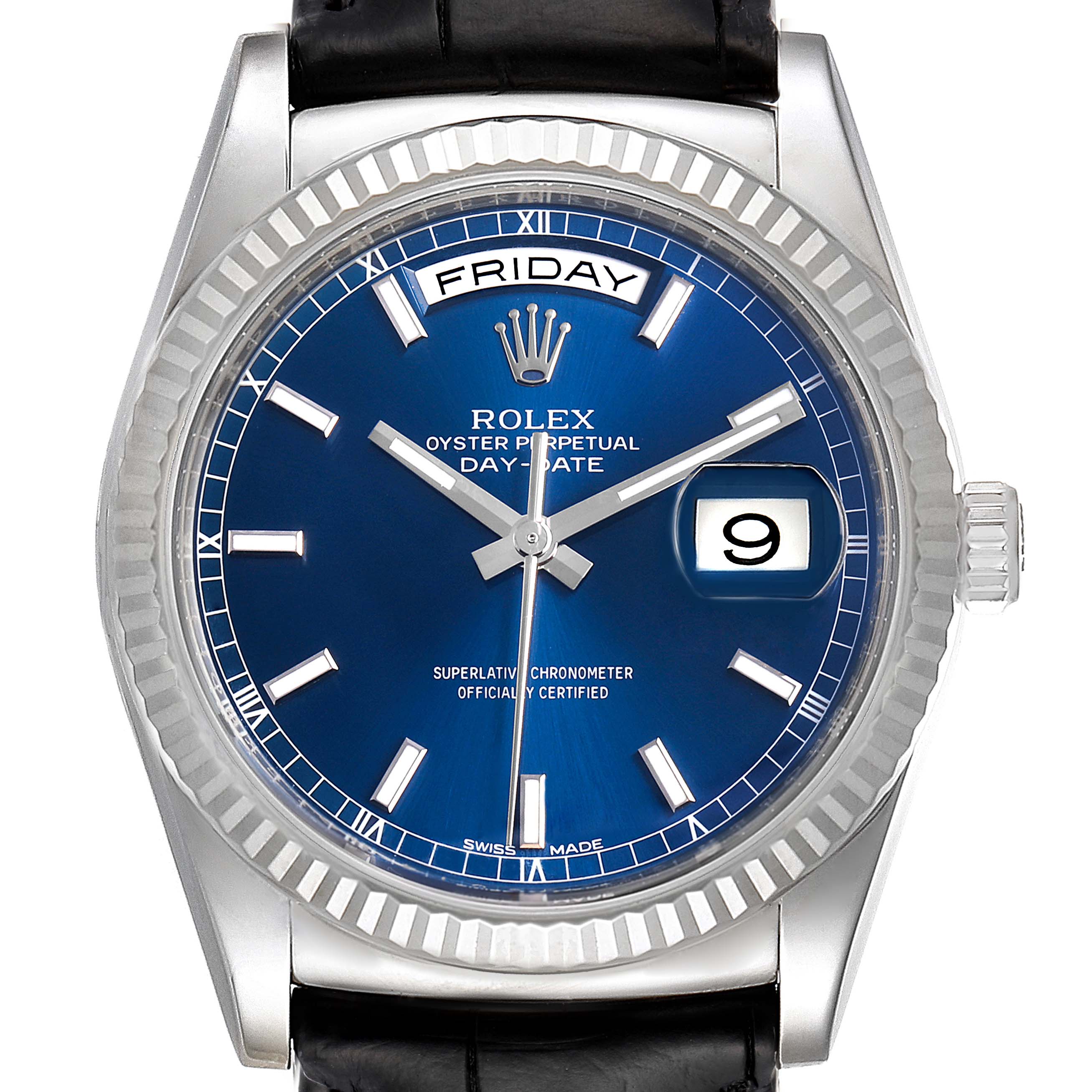 The image shows a front view of the Rolex President 118139 Men's Stainless Steel Blue Dial 118139 Men's Stainless Steel Blue Dial model watch, detailing the blue dial, fluted bezel, and day-date display.