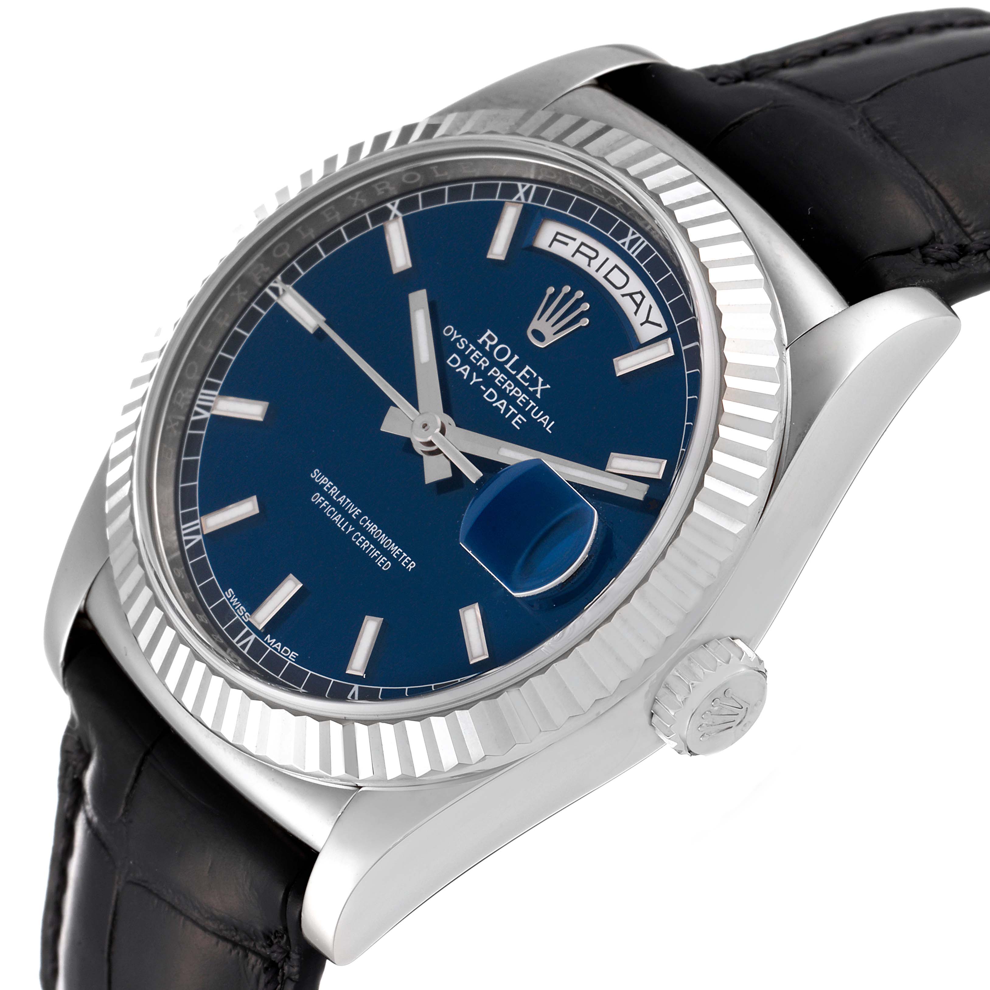 The image shows a side angle of the Rolex President 118139 Men's Stainless Steel Blue Dial 118139 Men's Stainless Steel Blue Dial watch, highlighting the case, crown, bezel, and black leather strap.