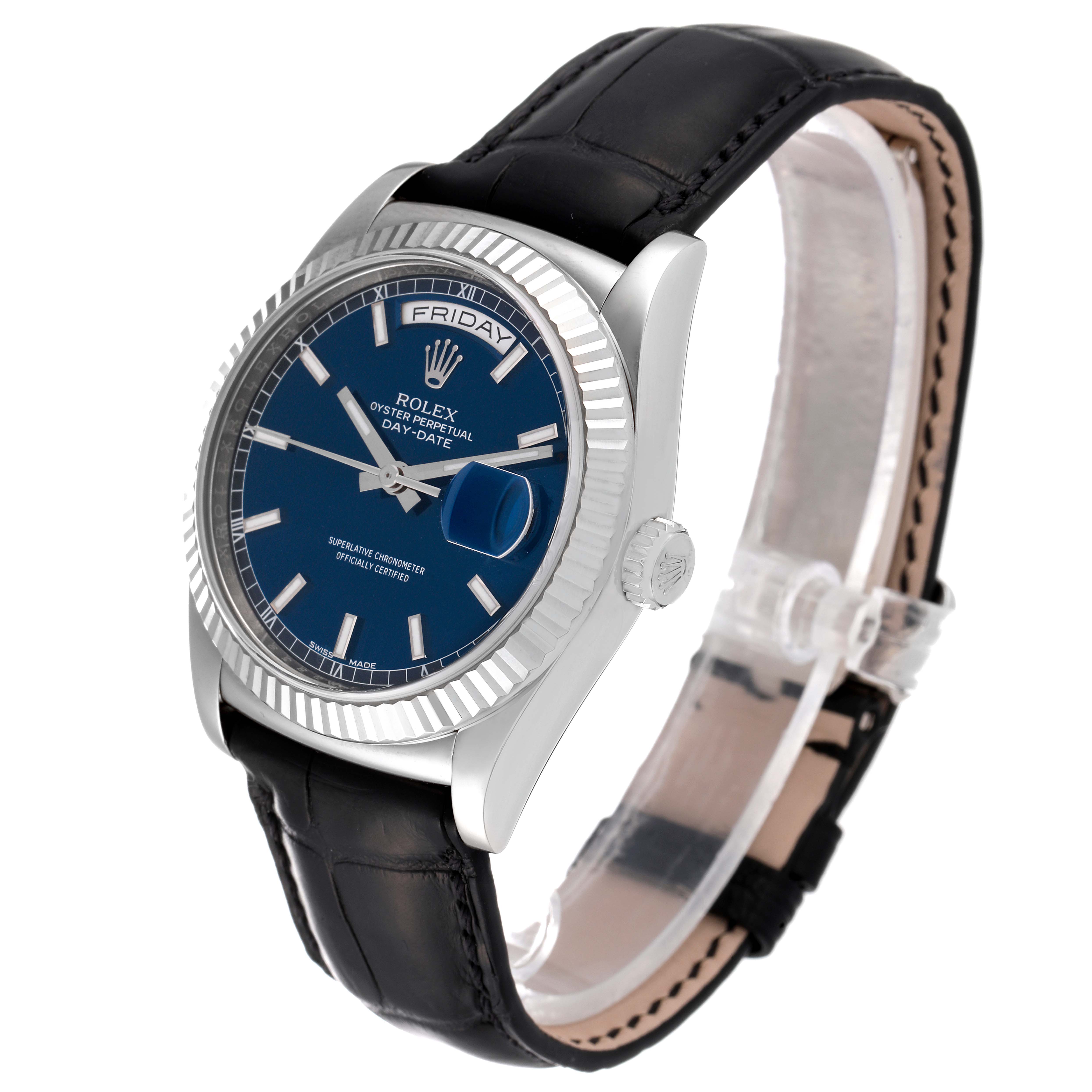 This Rolex President 118139 Men's Stainless Steel Blue Dial 118139 Men's Stainless Steel Blue Dial model is shown at a slight angle from the front, highlighting the face, case, crown, and leather strap.