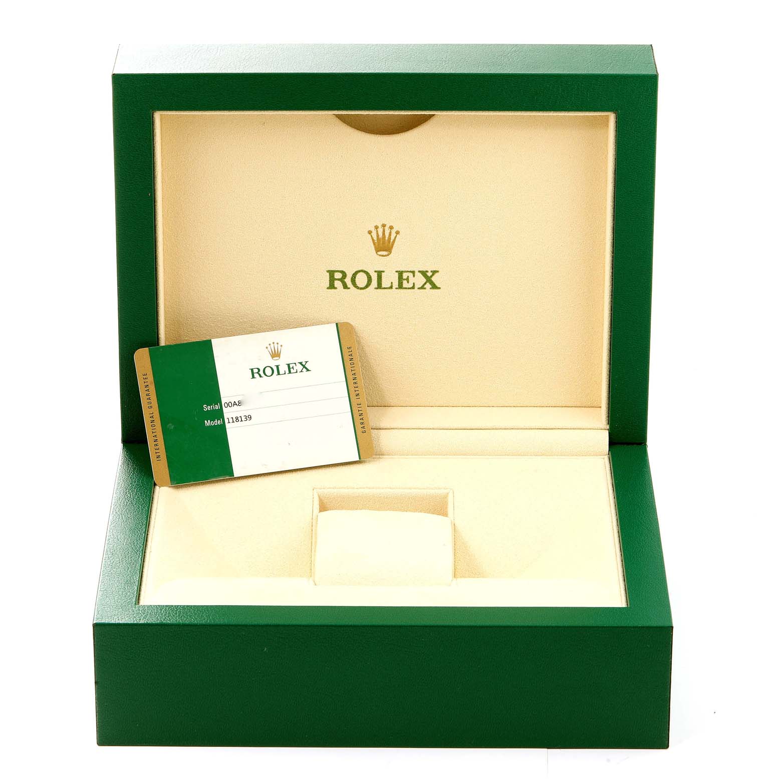 The image shows the open green and cream-colored box for a Rolex President 118139 Men's Stainless Steel Blue Dial 118139 Men's Stainless Steel Blue Dial model watch, with space for the watch and an authentication card.