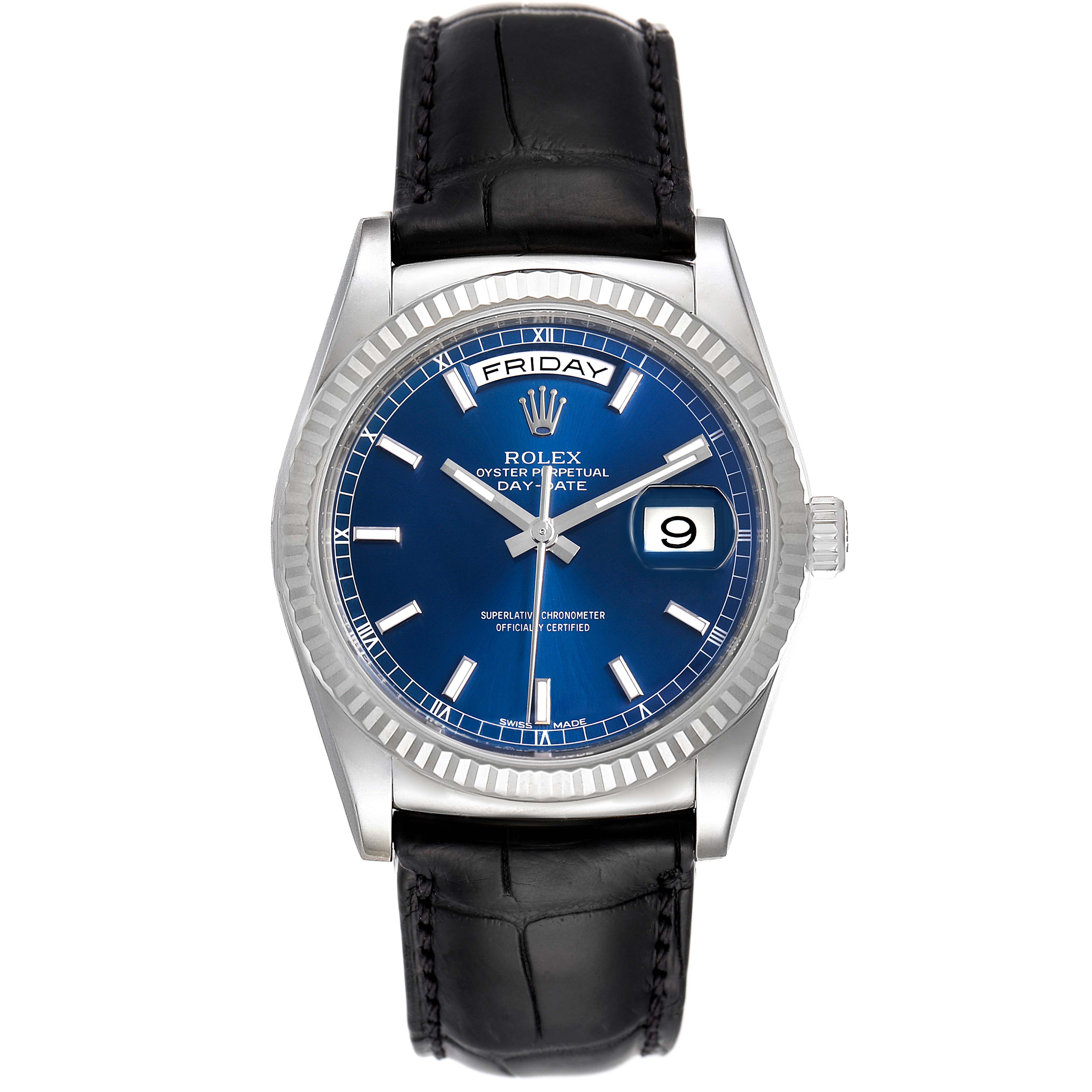 The image shows a frontal view of a Rolex President 118139 Men's Stainless Steel Blue Dial 118139 Men's Stainless Steel Blue Dial model watch, featuring its blue dial, day and date windows, and black leather strap.