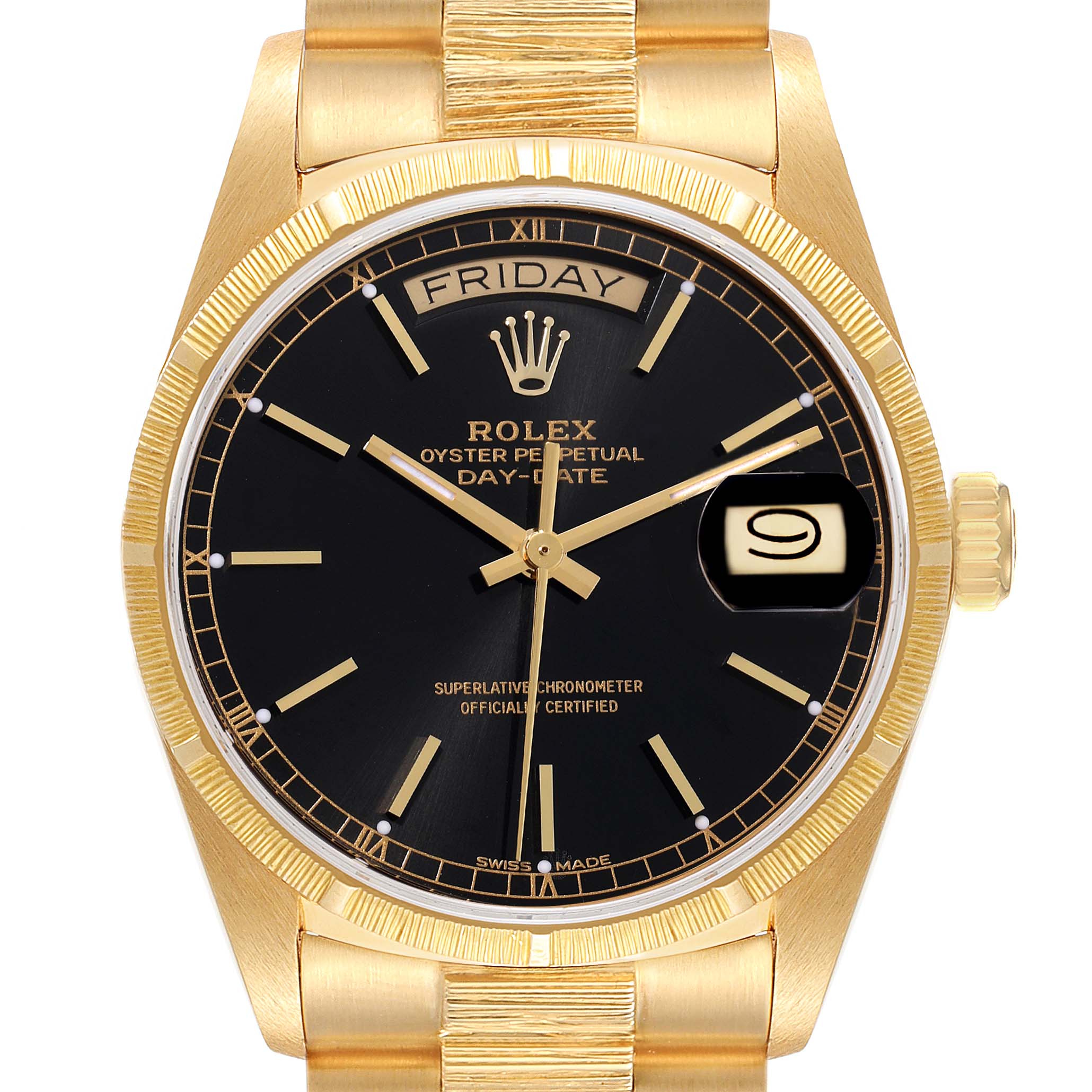 The Rolex President 18078 Men
s Yellow Gold Black Dial 18078 Men
s Yellow Gold Black Dial model watch is shown from a straight-on angle, capturing the full face, dial, and part of the bracelet.