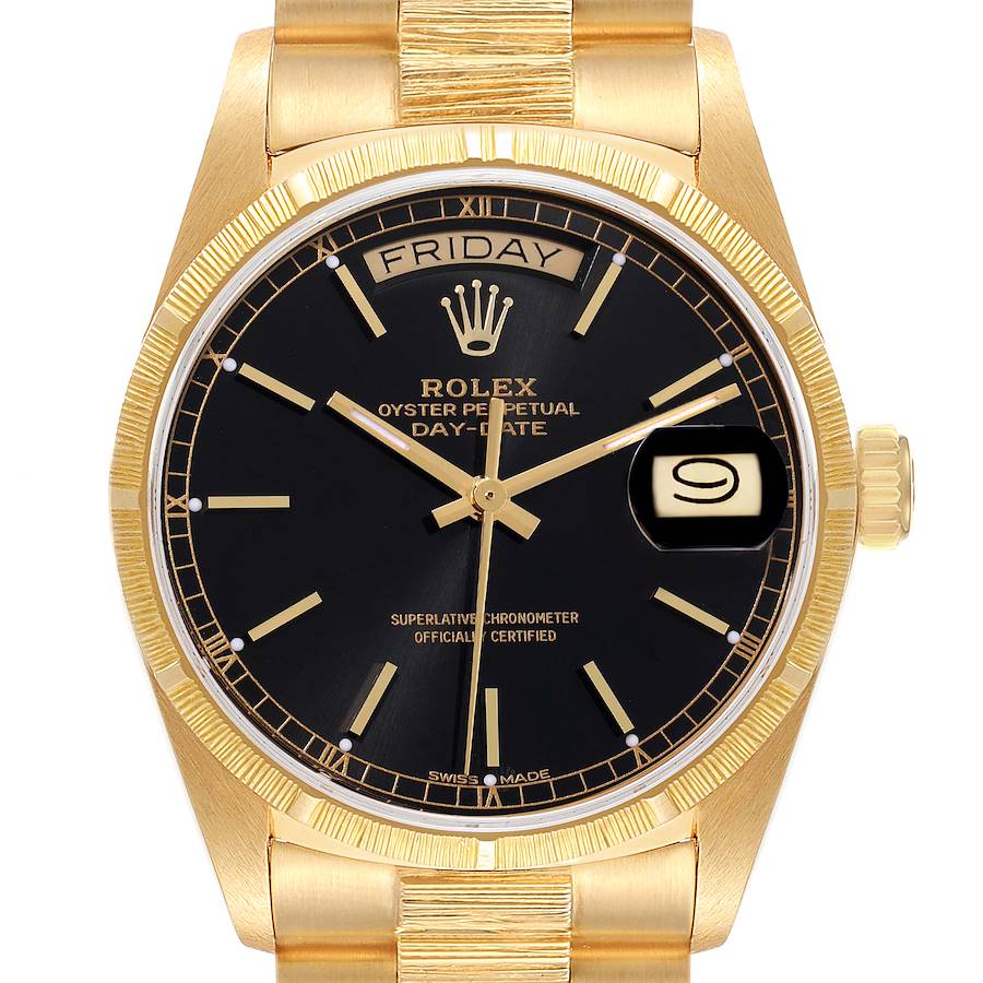 Rolex President Day-Date Yellow Gold Bark Finish Black Dial Mens Watch 18078 SwissWatchExpo