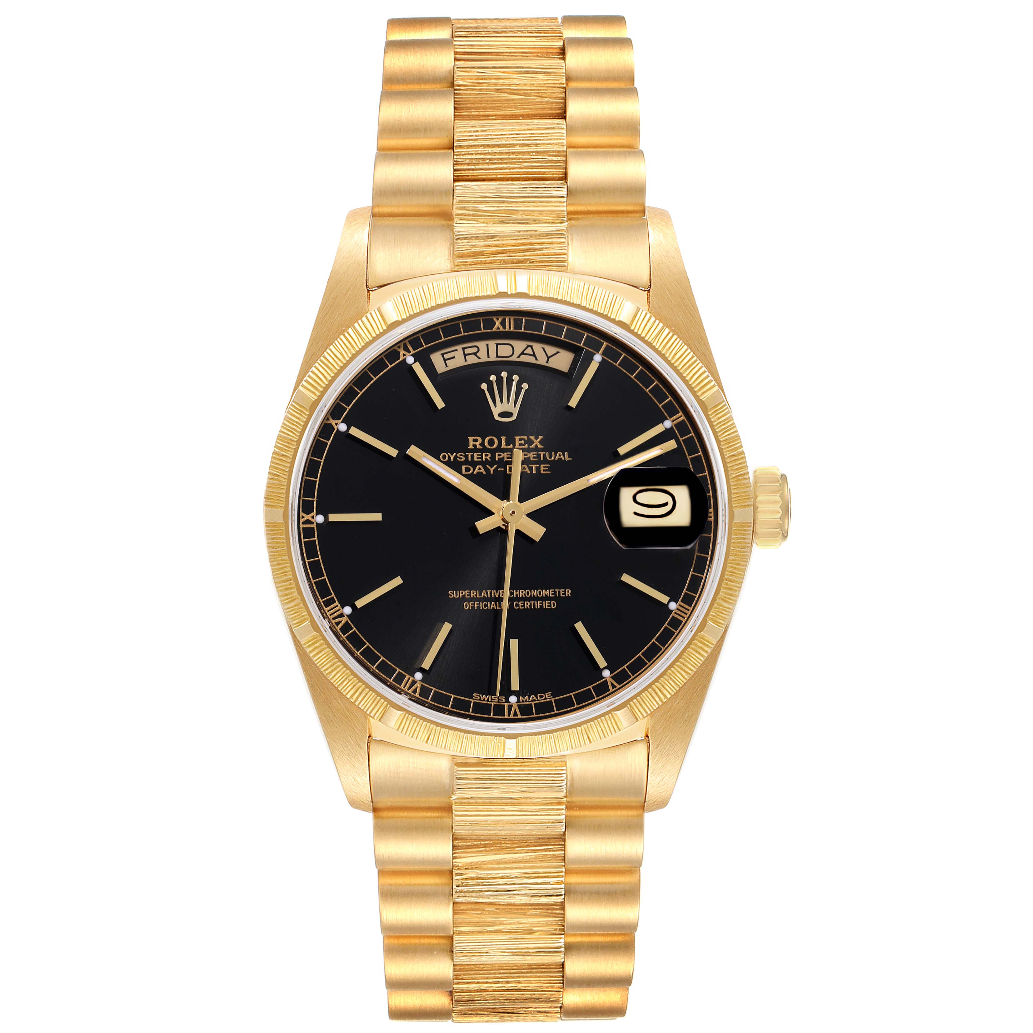 The image shows a front view of the Rolex President 18078 Men
s Yellow Gold Black Dial 18078 Men
s Yellow Gold Black Dial model watch, highlighting its black dial, day/date display, and gold band.