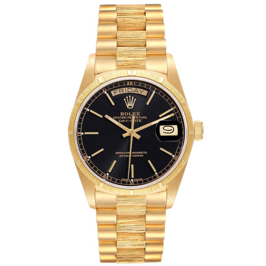 Rolex President Day-Date Yellow Gold Bark Finish Black Dial Mens Watch 18078 SwissWatchExpo