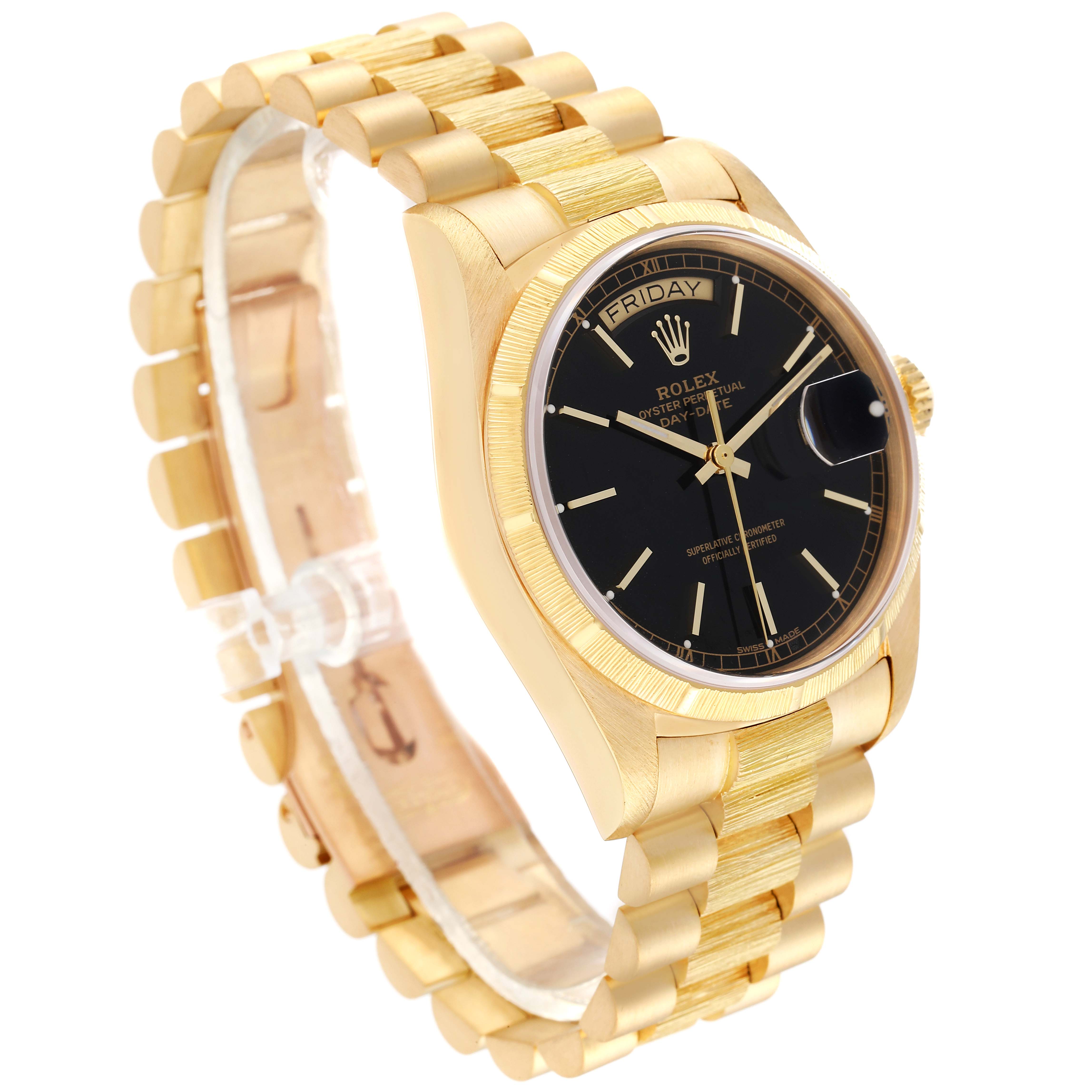 The image shows the Rolex President 18078 Men
s Yellow Gold Black Dial 18078 Men
s Yellow Gold Black Dial model watch at an angle displaying the black dial, gold case, bracelet, and crown.