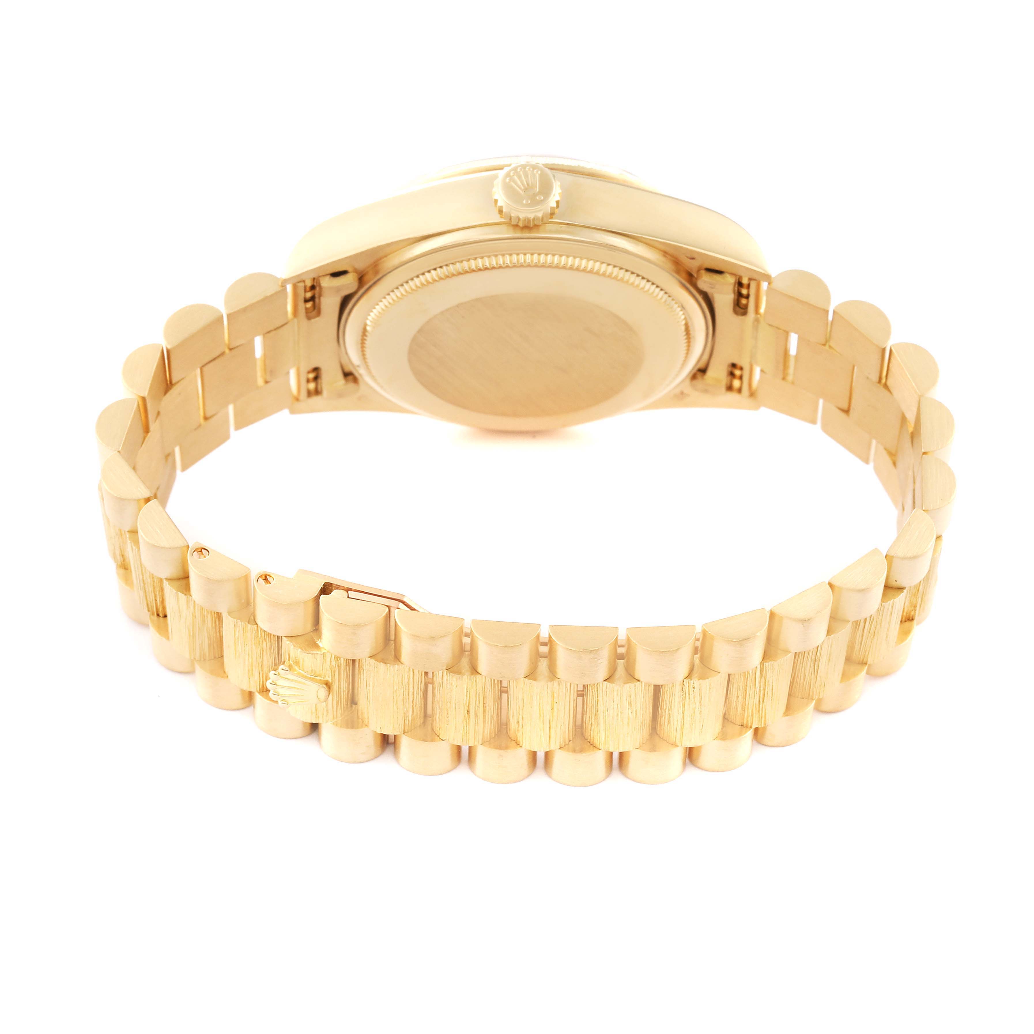 The image shows the back case and President bracelet of a Rolex President 18078 Men
s Yellow Gold Black Dial 18078 Men
s Yellow Gold Black Dial model watch from a rear angle.