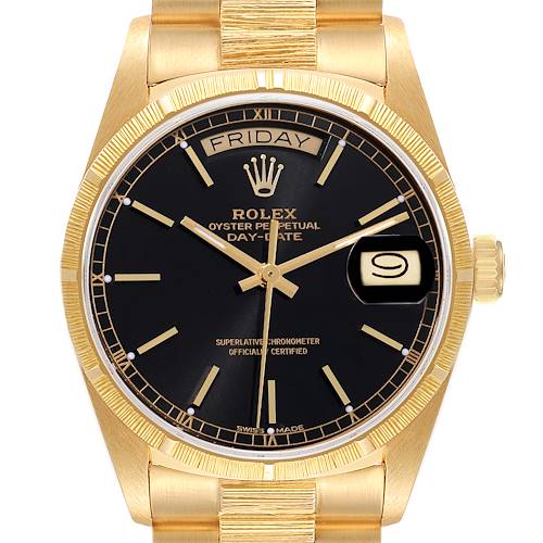 Photo of Rolex President Day-Date Yellow Gold Bark Finish Black Dial Mens Watch 18078