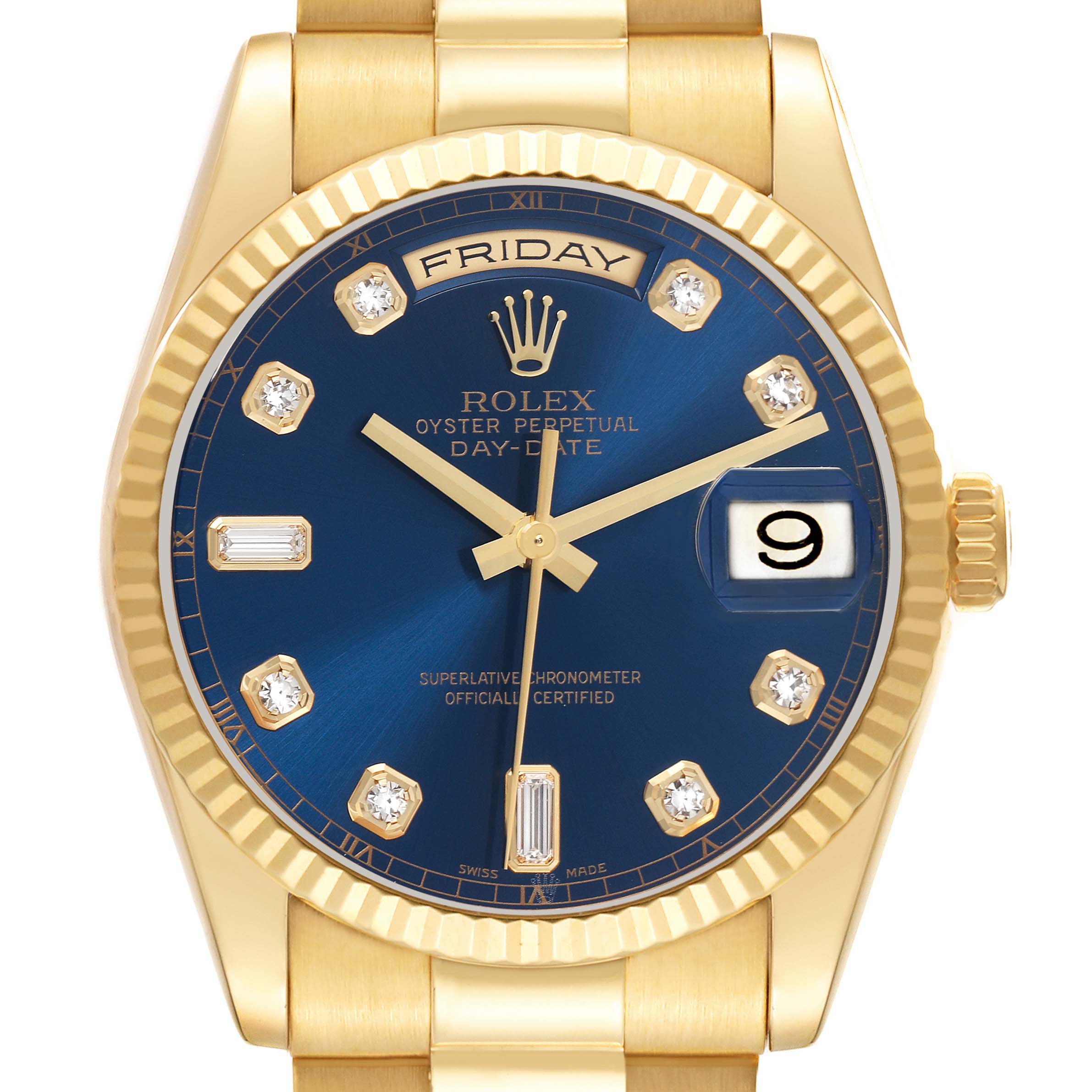 The image shows the Rolex President 118238 Men
s Yellow Gold Blue Dial 118238 Men
s Yellow Gold Blue Dial model watch from a top-down angle, highlighting its blue dial, gold case, and diamond markers.