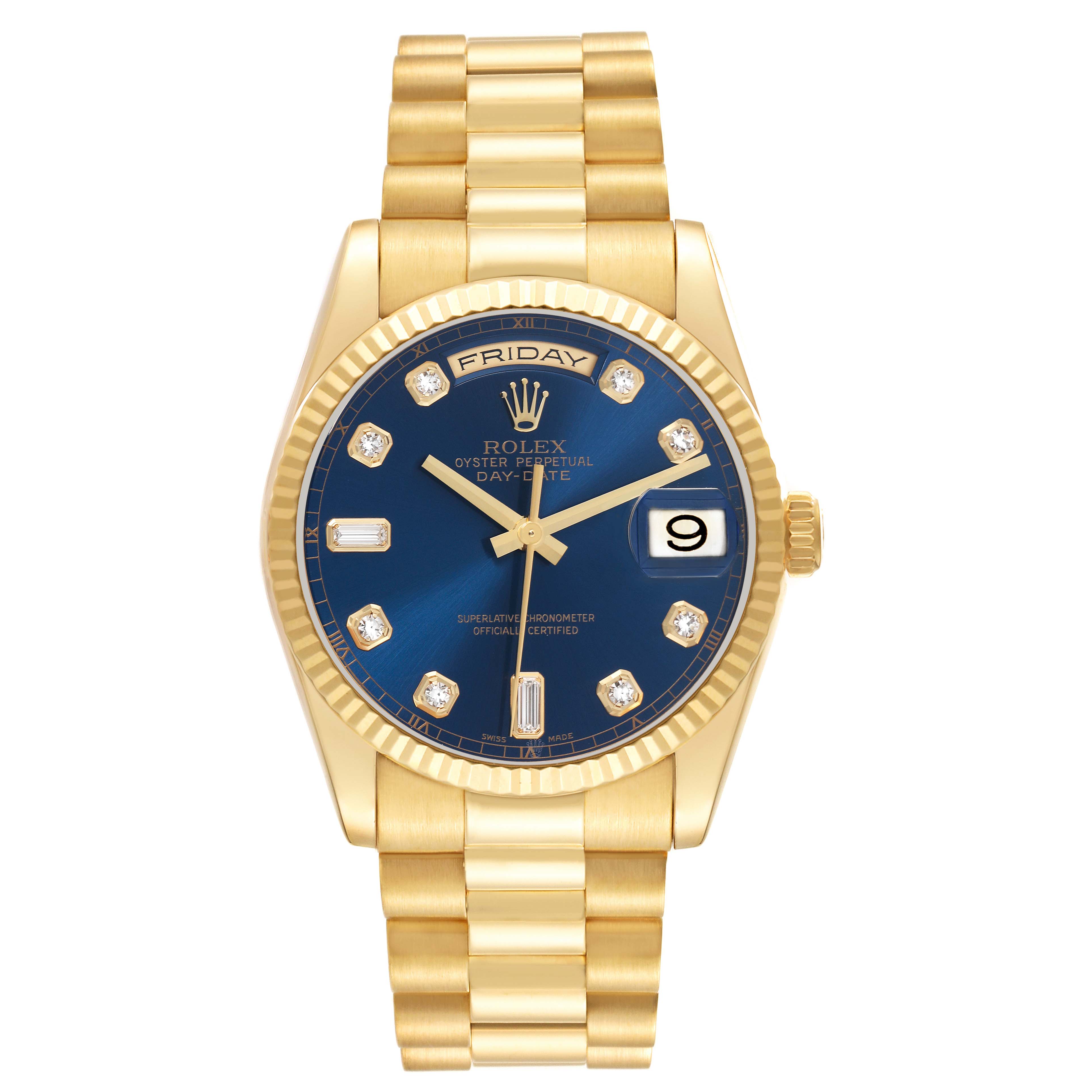 The Rolex President 118238 Men
s Yellow Gold Blue Dial 118238 Men
s Yellow Gold Blue Dial model watch is shown from a front angle, displaying the gold bracelet, blue dial, and diamond hour markers.