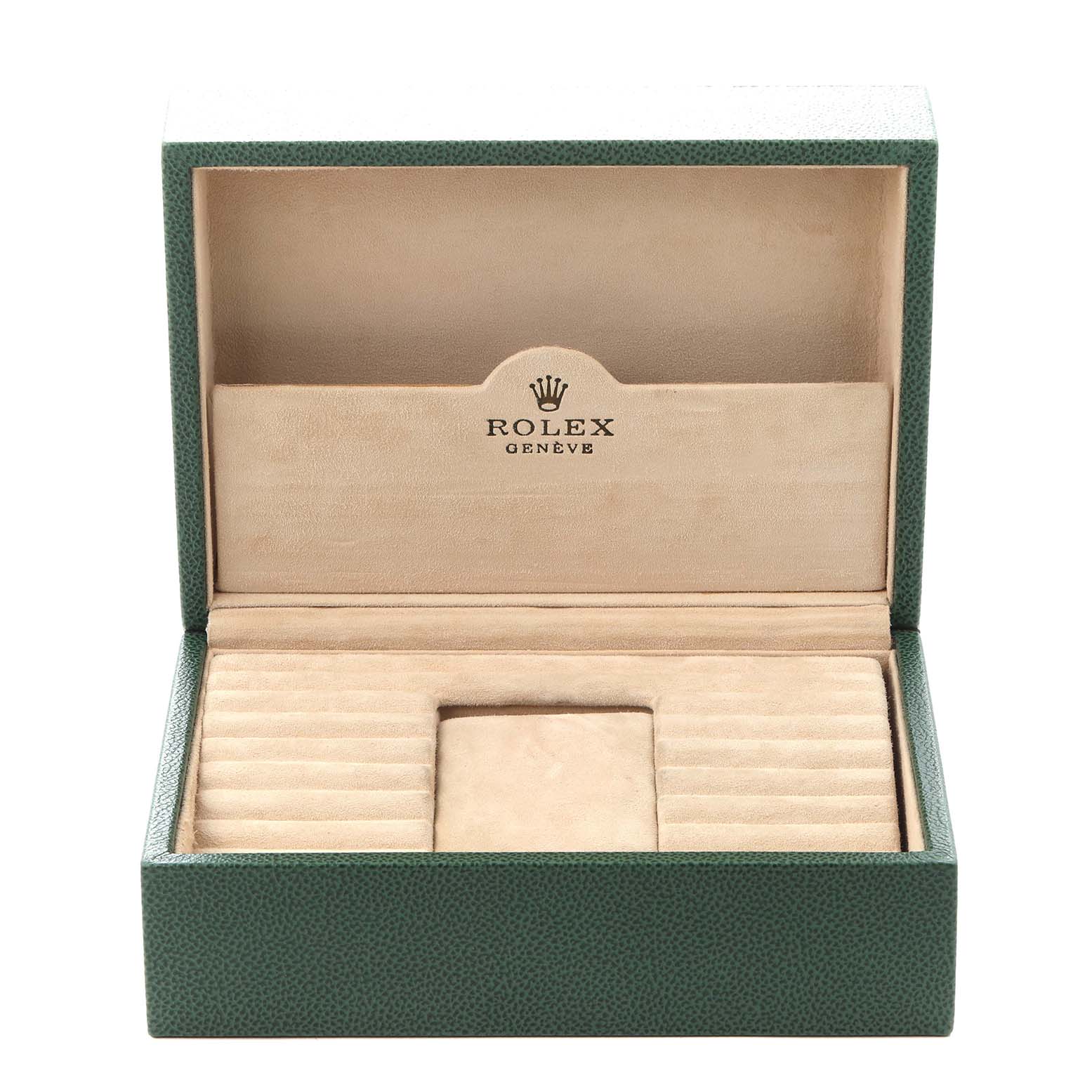 The image shows an open Rolex President 118238 Men
s Yellow Gold Blue Dial 118238 Men
s Yellow Gold Blue Dial model box, highlighting its green exterior and beige interior compartments.