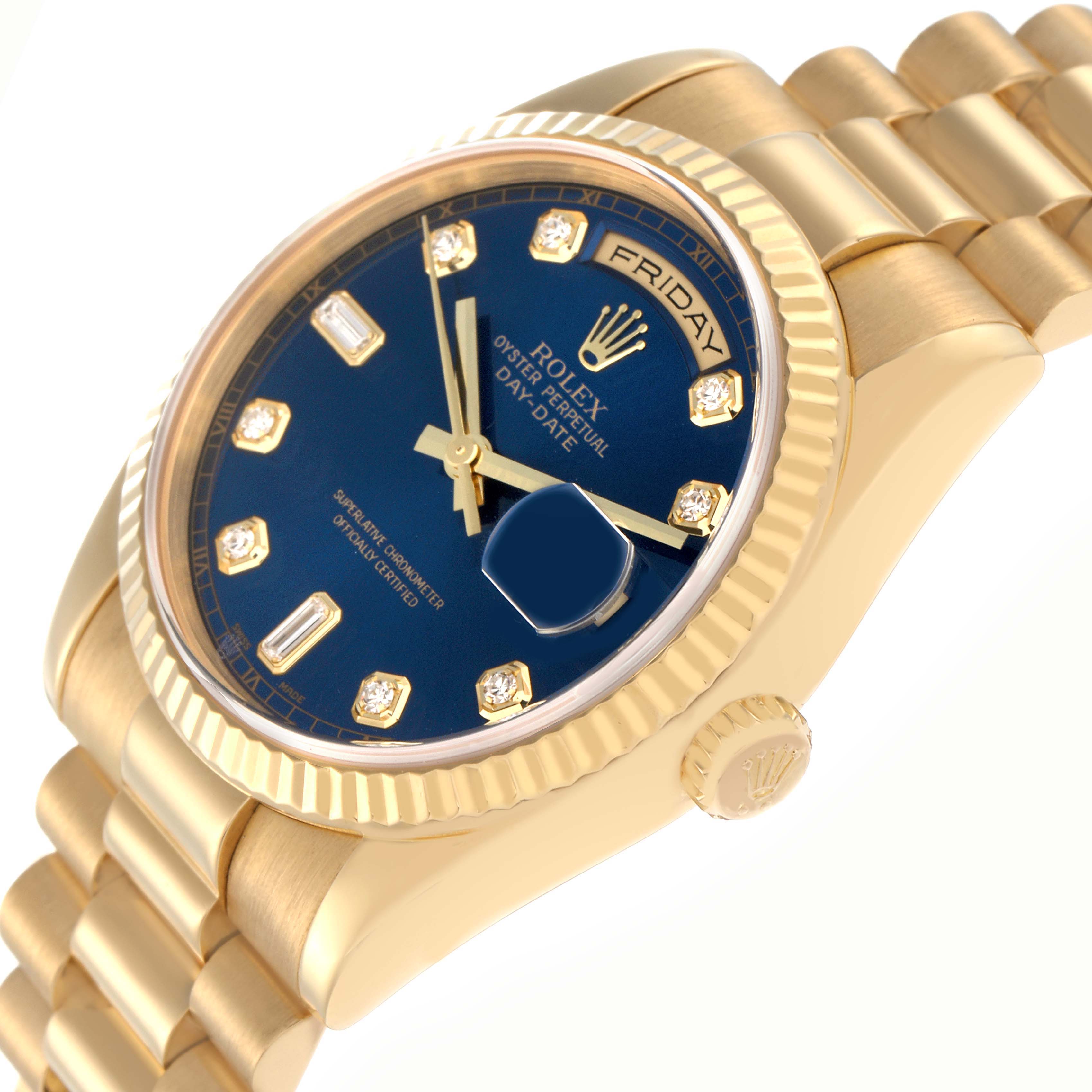 The image shows a Rolex President 118238 Men
s Yellow Gold Blue Dial 118238 Men
s Yellow Gold Blue Dial model at an angled close-up, highlighting the blue dial, bezel, crown, and part of the bracelet.