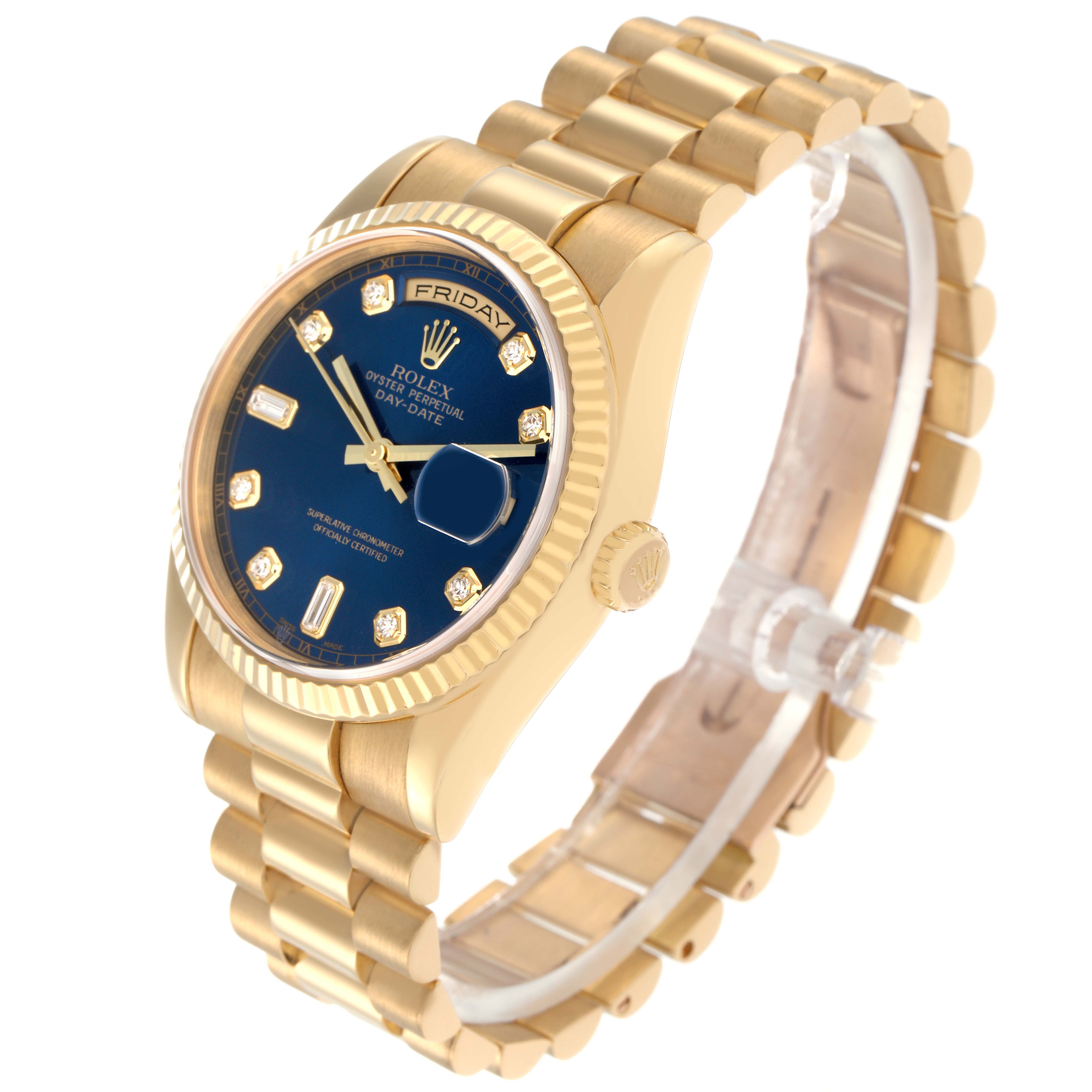 The Rolex President 118238 Men
s Yellow Gold Blue Dial 118238 Men
s Yellow Gold Blue Dial model watch is shown at an angle highlighting its face, bezel, crown, and bracelet.