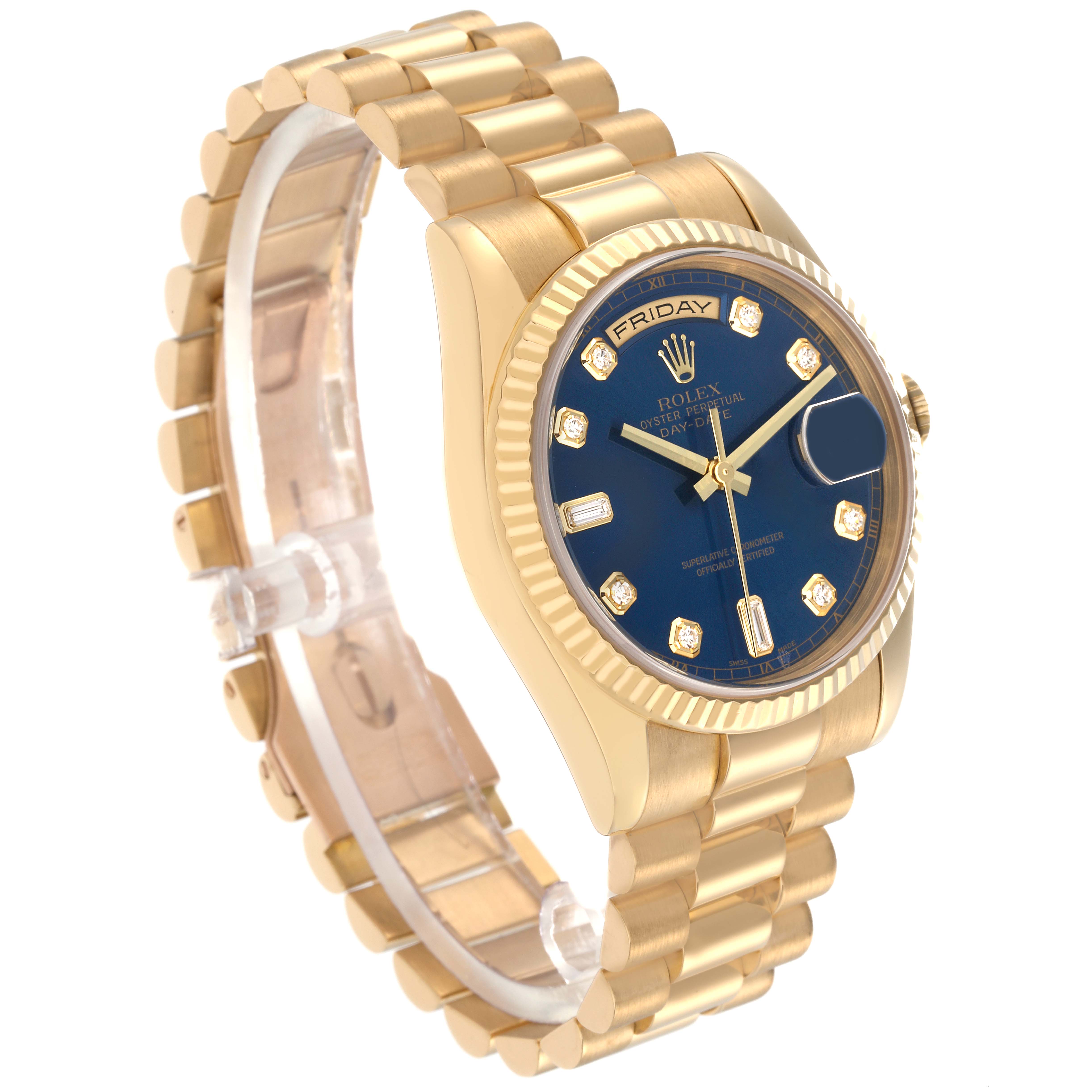The Rolex President 118238 Men
s Yellow Gold Blue Dial 118238 Men
s Yellow Gold Blue Dial model is shown at a three-quarter angle, highlighting the blue dial, gold case, and bracelet.