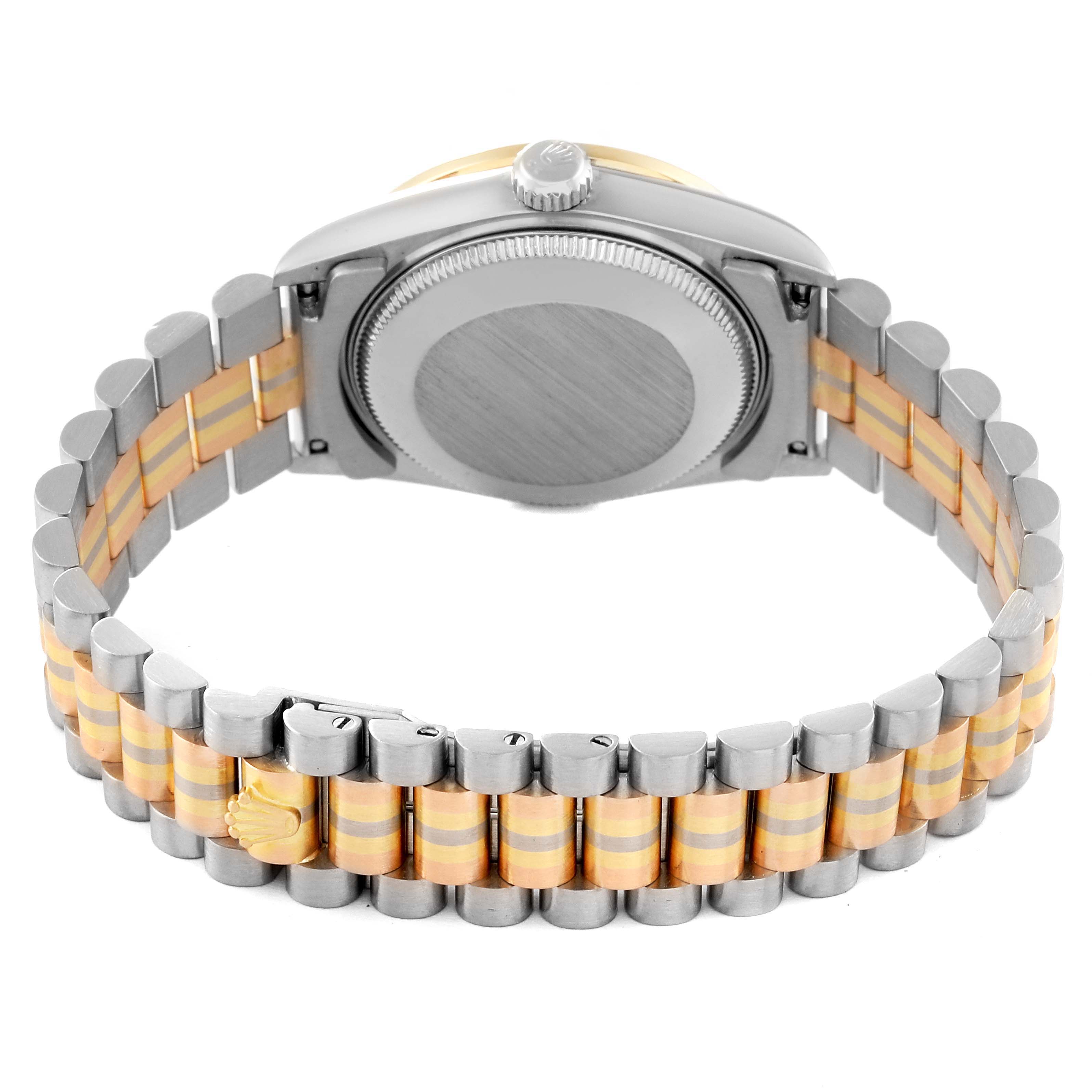 The image shows the back view of a Rolex President 68289 Women's Steel and Gold (two tone) Brown Dial 68289 Women's Steel and Gold (two tone) Brown Dial model, focusing on the case back and two-tone bracelet.