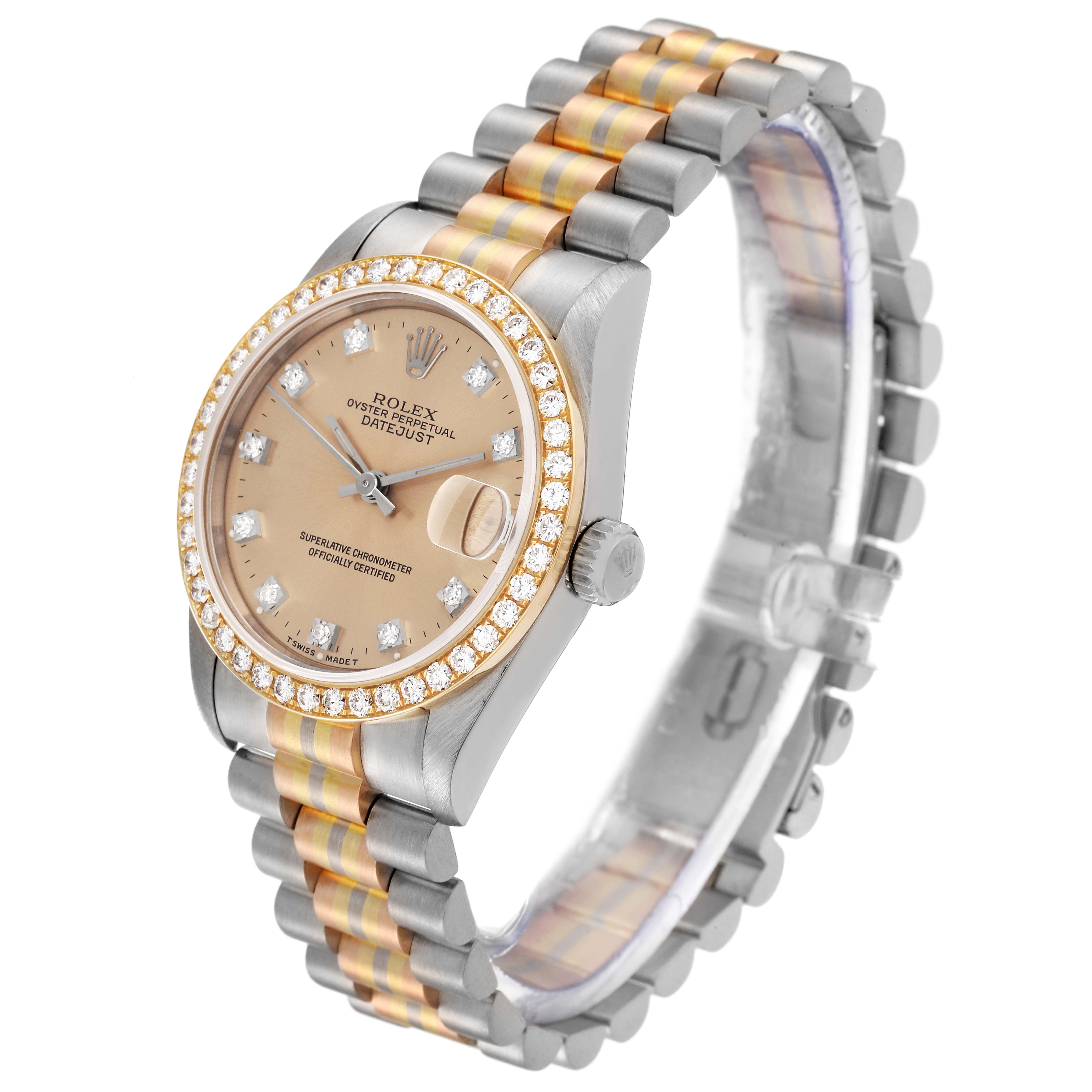 This image shows a Rolex President 68289 Women's Steel and Gold (two tone) Brown Dial 68289 Women's Steel and Gold (two tone) Brown Dial model watch at a slight angle, highlighting its band, bezel, and dial with diamond markers.