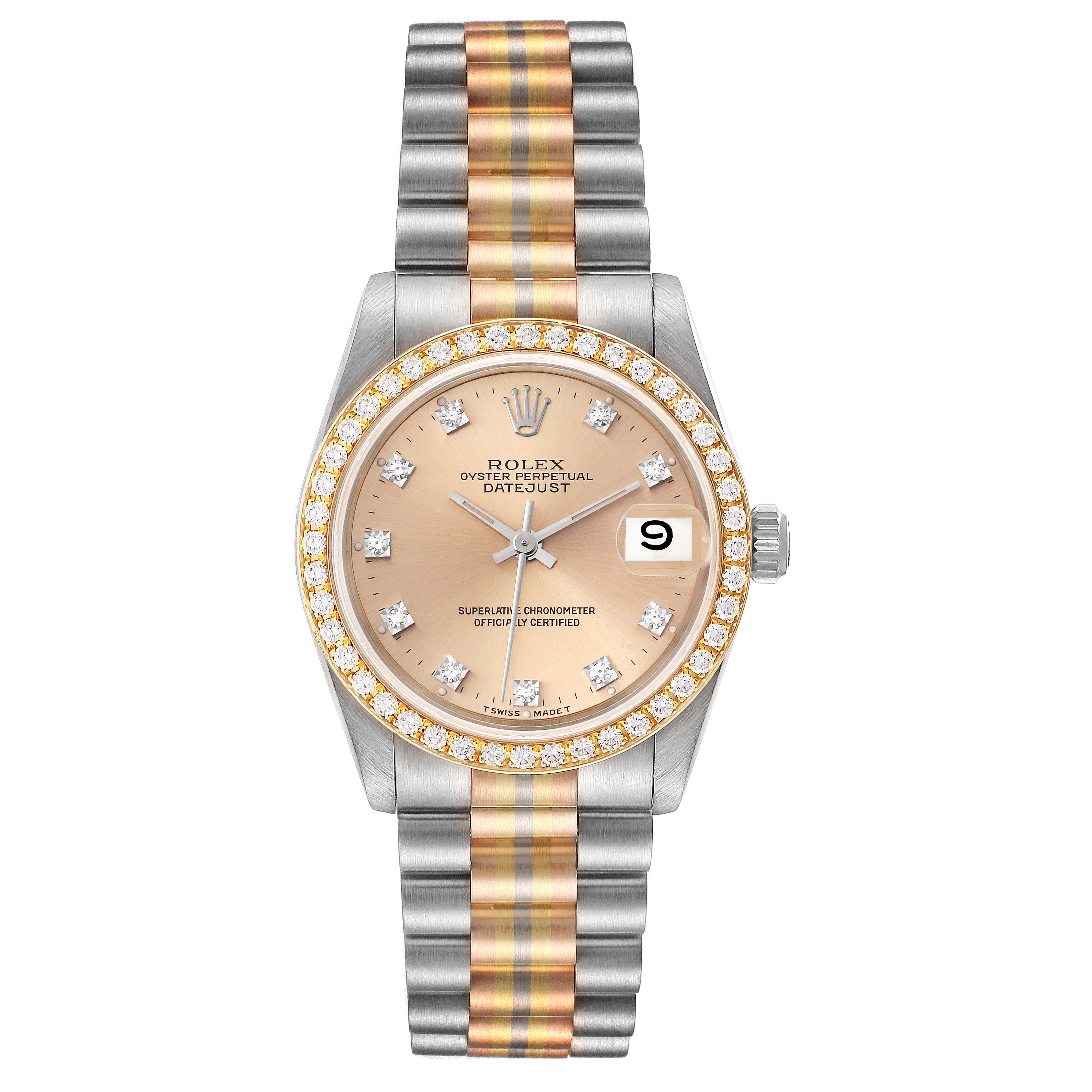 The image shows a front view of a Rolex President 68289 Women's Steel and Gold (two tone) Brown Dial 68289 Women's Steel and Gold (two tone) Brown Dial model watch with a champagne dial, diamond hour markers, and a two-tone bracelet.