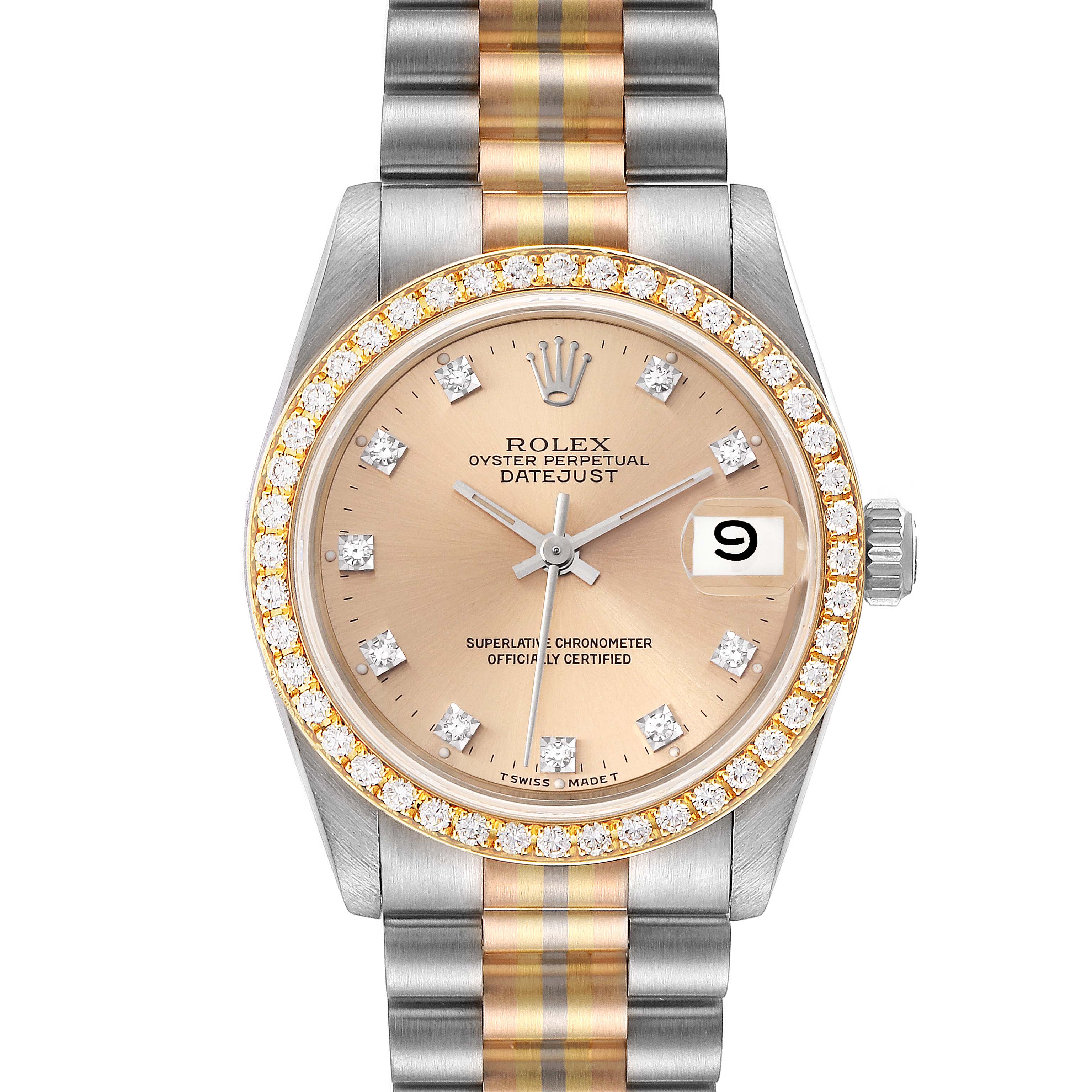 This image shows a front view of a Rolex President 68289 Women's Steel and Gold (two tone) Brown Dial 68289 Women's Steel and Gold (two tone) Brown Dial model with a diamond-encrusted bezel and two-tone metal bracelet. 
