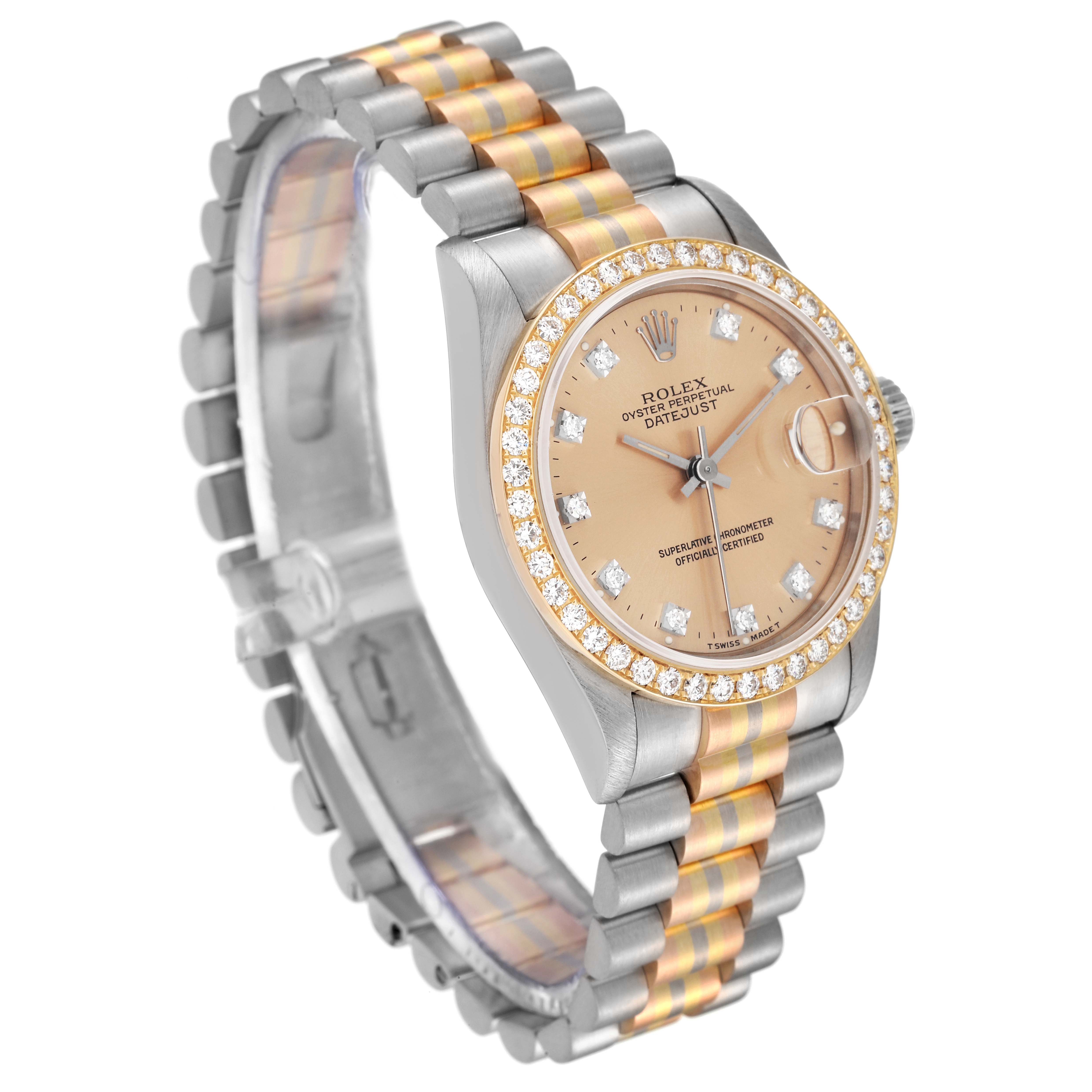 The Rolex President 68289 Women's Steel and Gold (two tone) Brown Dial 68289 Women's Steel and Gold (two tone) Brown Dial model is shown from a slight angle, displaying its face, bezel, crown, and part of its bracelet.