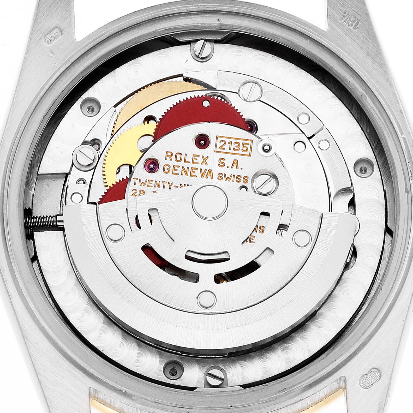 The image shows the internal mechanism of a Rolex President 68289 Women's Steel and Gold (two tone) Brown Dial 68289 Women's Steel and Gold (two tone) Brown Dial model watch, viewed from the back.