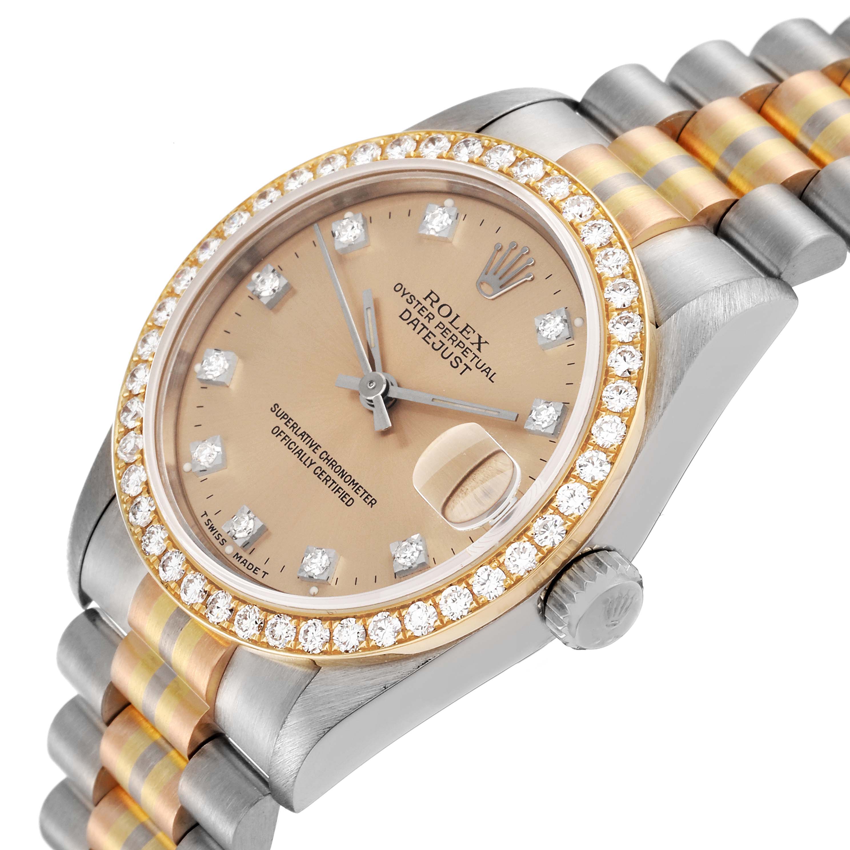 The image shows a Rolex President 68289 Women's Steel and Gold (two tone) Brown Dial 68289 Women's Steel and Gold (two tone) Brown Dial Datejust model watch from an angled perspective, highlighting its dial, bezel, bracelet, and crown.