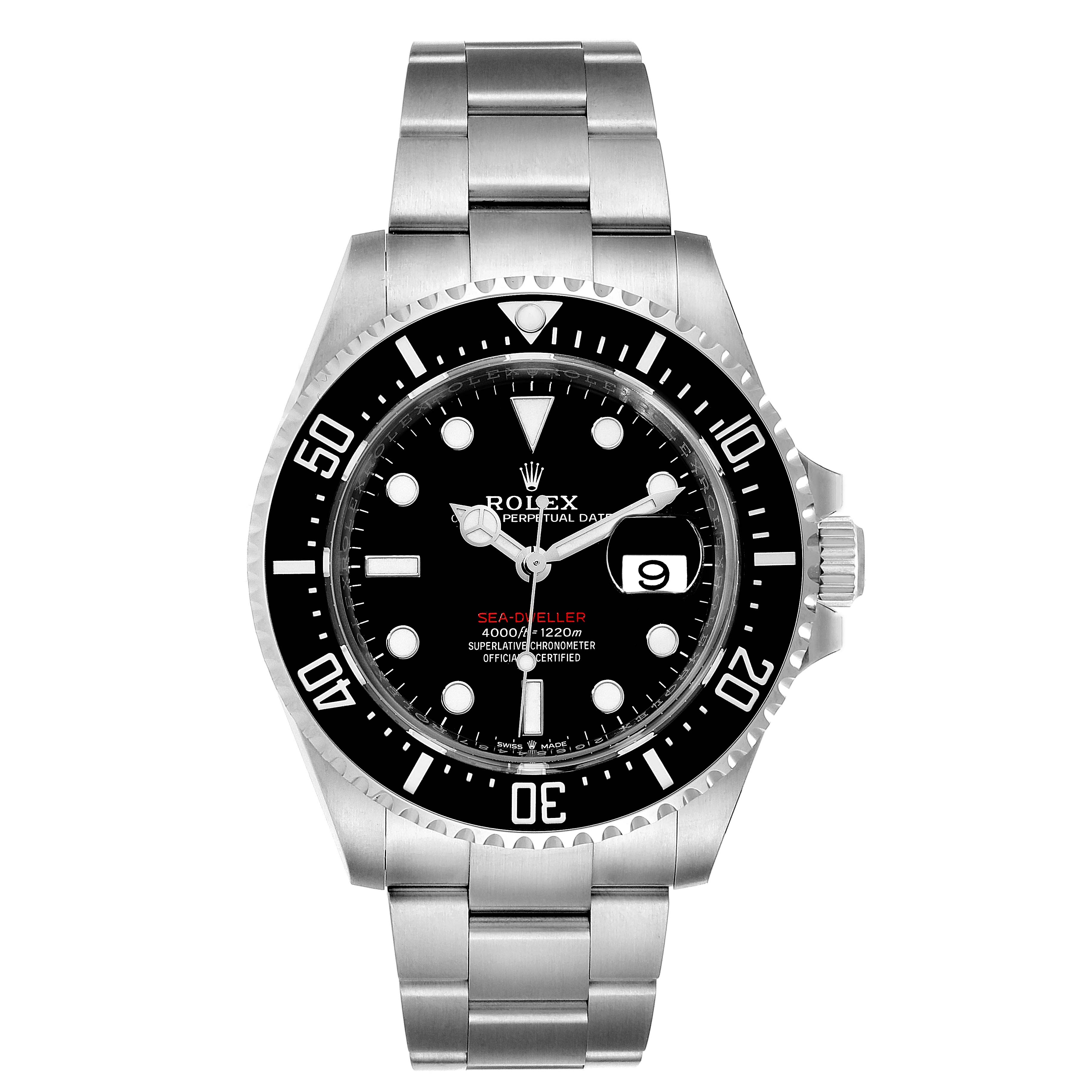 This image shows a front-angle view of the Rolex Sea-Dweller 126600 Men
s Stainless Steel Black Dial 126600 Men
s Stainless Steel Black Dial watch, featuring its dial, bezel, and bracelet.