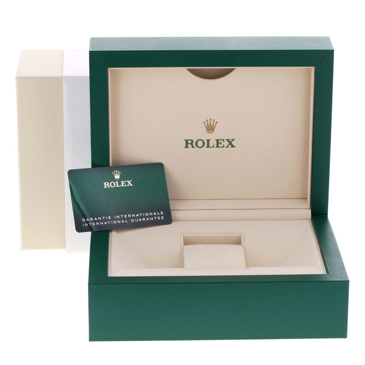 The image shows an open green and beige Rolex Sea-Dweller 126600 Men
s Stainless Steel Black Dial 126600 Men
s Stainless Steel Black Dial watch box with an international guarantee card.