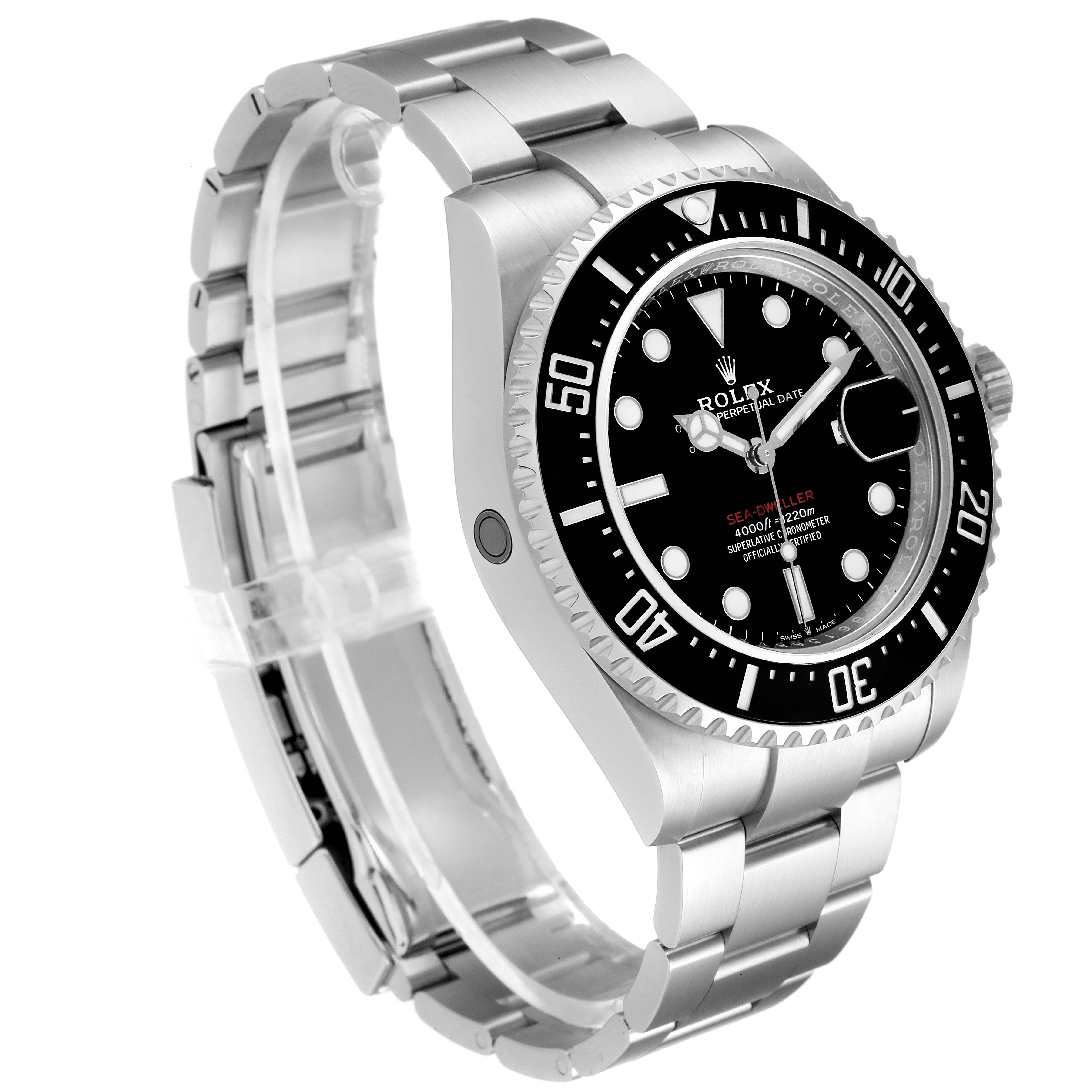 The Rolex Sea-Dweller 126600 Men
s Stainless Steel Black Dial 126600 Men
s Stainless Steel Black Dial watch is shown at an angled front view, highlighting its bezel, dial, crown, and metal bracelet.