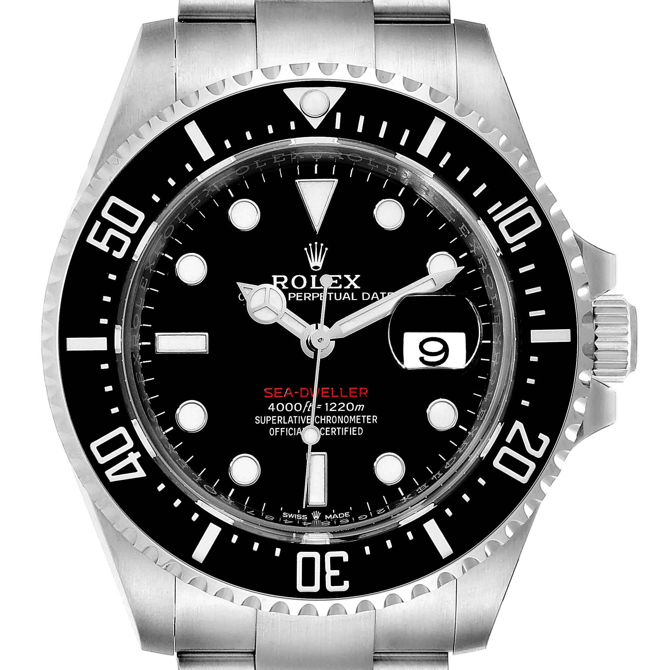 The image shows a front view of the Rolex Sea-Dweller 126600 Men
s Stainless Steel Black Dial 126600 Men
s Stainless Steel Black Dial watch, highlighting its face, bezel, and part of the bracelet.
