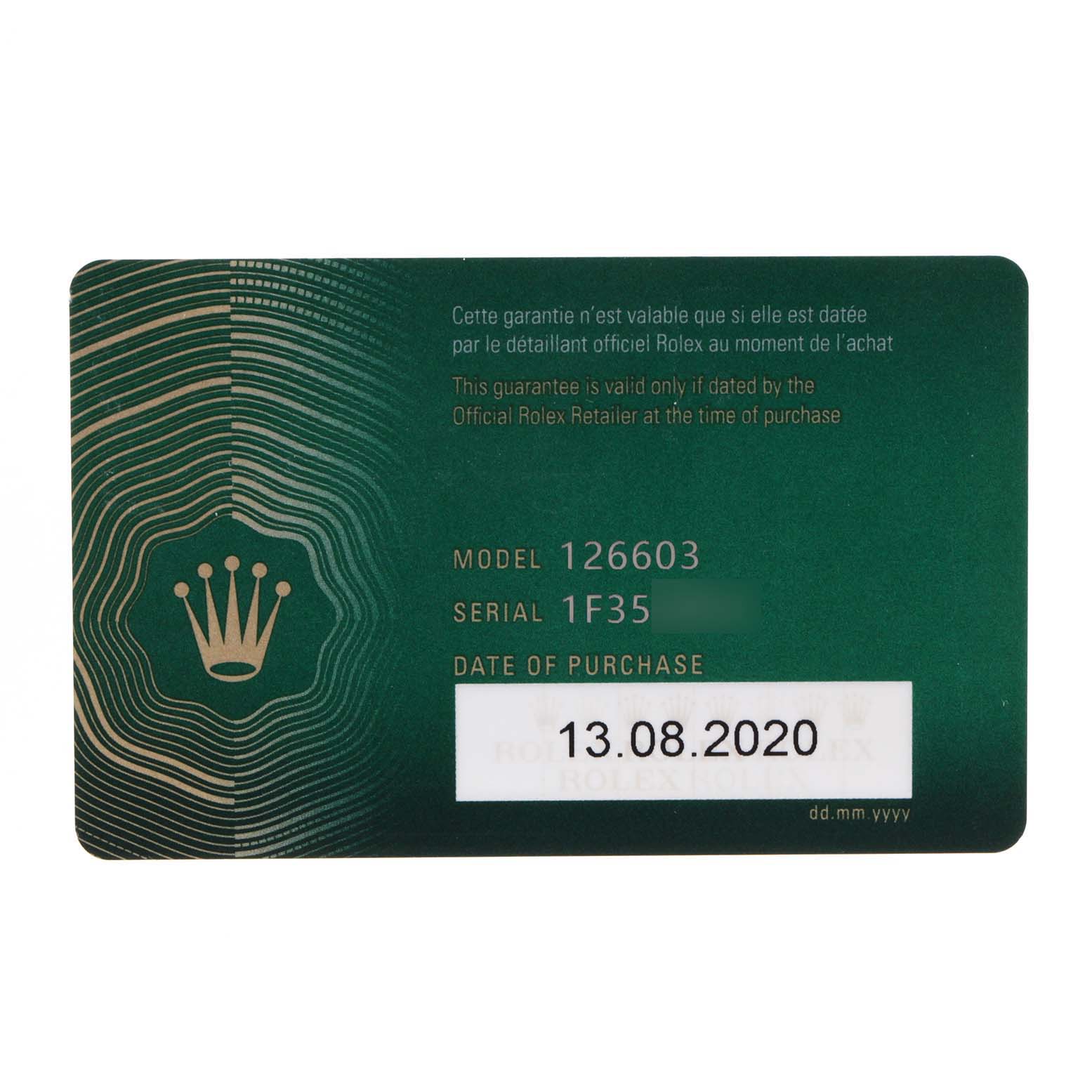 This image shows the warranty card for the Rolex Sea-Dweller 126603 Men
s Steel and Gold (two tone) Black Dial 126603 Men
s Steel and Gold (two tone) Black Dial model 126603.