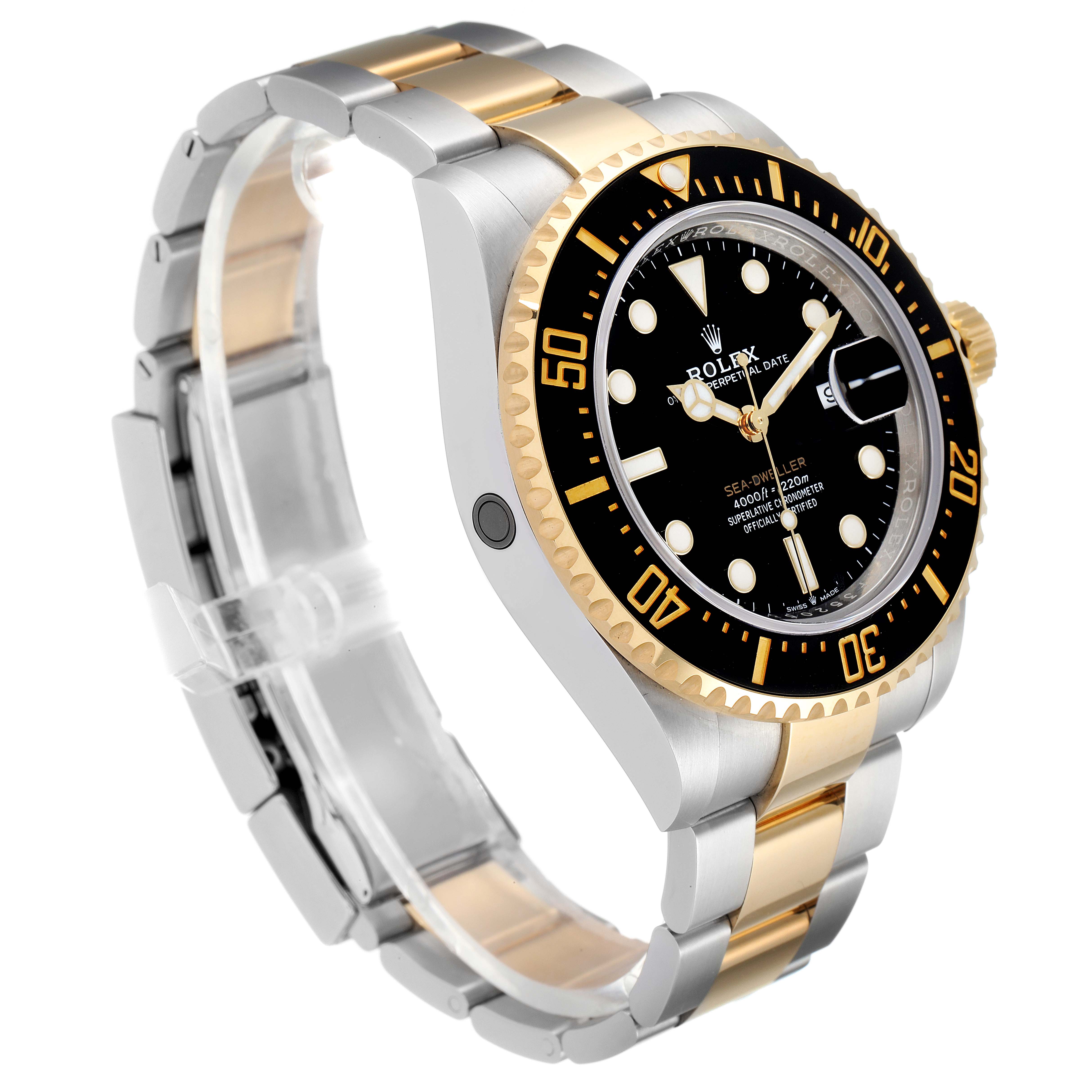 This image shows a side-angle view of a Rolex Sea-Dweller 126603 Men
s Steel and Gold (two tone) Black Dial 126603 Men
s Steel and Gold (two tone) Black Dial watch, highlighting its two-tone bracelet and black dial with a date feature.