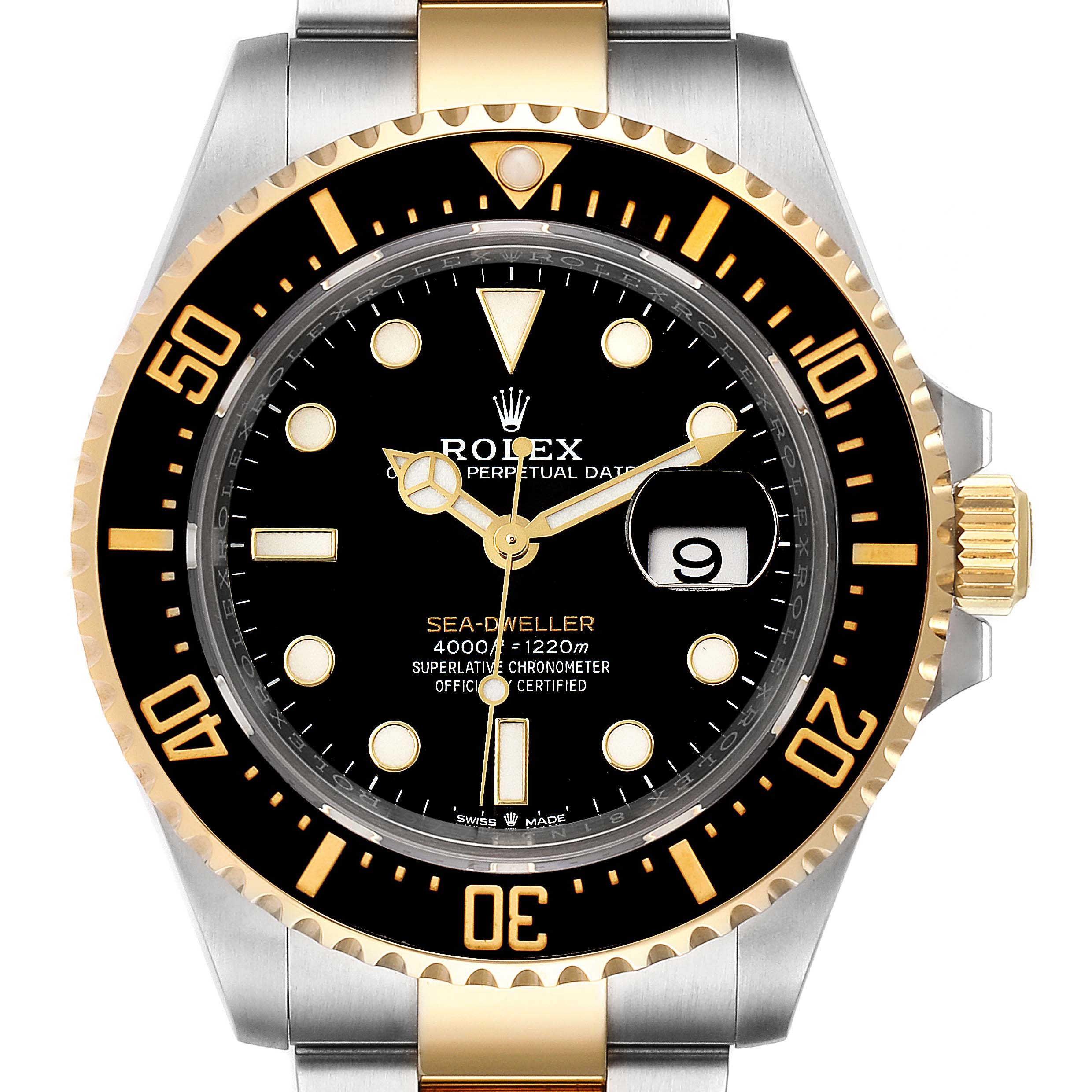 The image shows a front view of the Rolex Sea-Dweller 126603 Men
s Steel and Gold (two tone) Black Dial 126603 Men
s Steel and Gold (two tone) Black Dial watch, highlighting its black and gold bezel, stainless steel and gold bracelet, and date display.