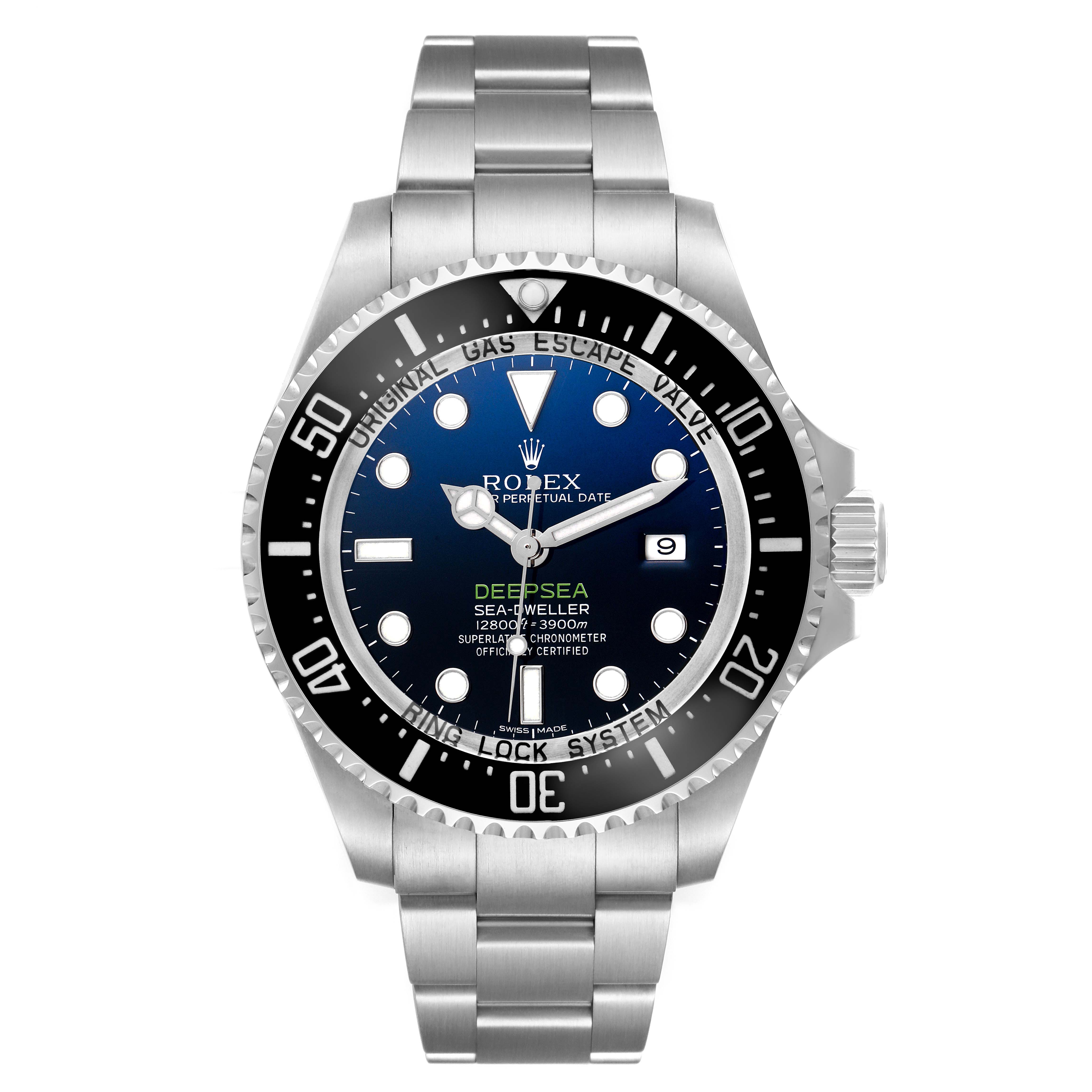 The Rolex Sea-Dweller 116660 Men
s Stainless Steel Blue Dial 116660 Men
s Stainless Steel Blue Dial watch is shown from a front angle, displaying its dial, bezel, bracelet, and crown.