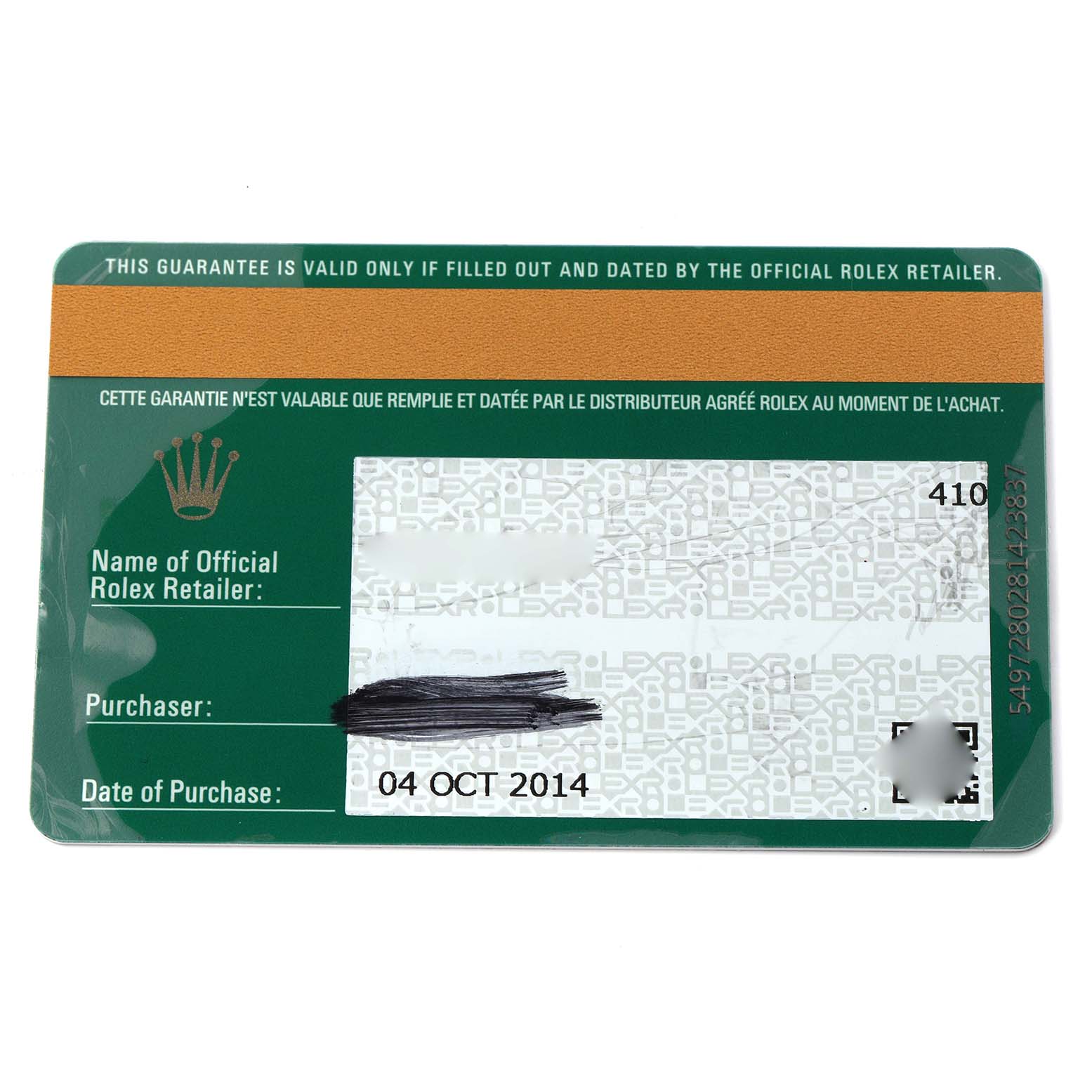 The image shows a Rolex warranty card for the Sea-Dweller model, with purchase details filled in.