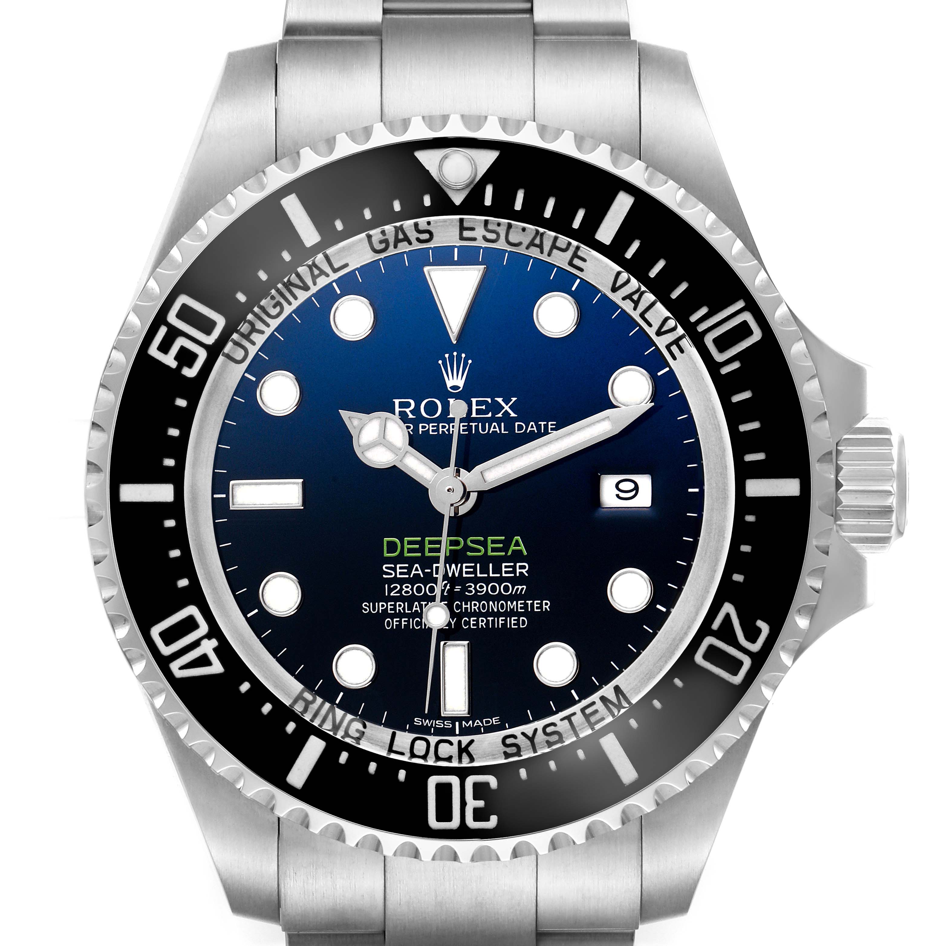 The Rolex Sea-Dweller 116660 Men
s Stainless Steel Blue Dial 116660 Men
s Stainless Steel Blue Dial watch is shown from the front, highlighting the bezel, dial, and crown.