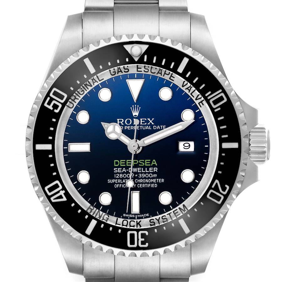 The Rolex Sea-Dweller watch is shown from the front, highlighting the bezel, dial, and crown.