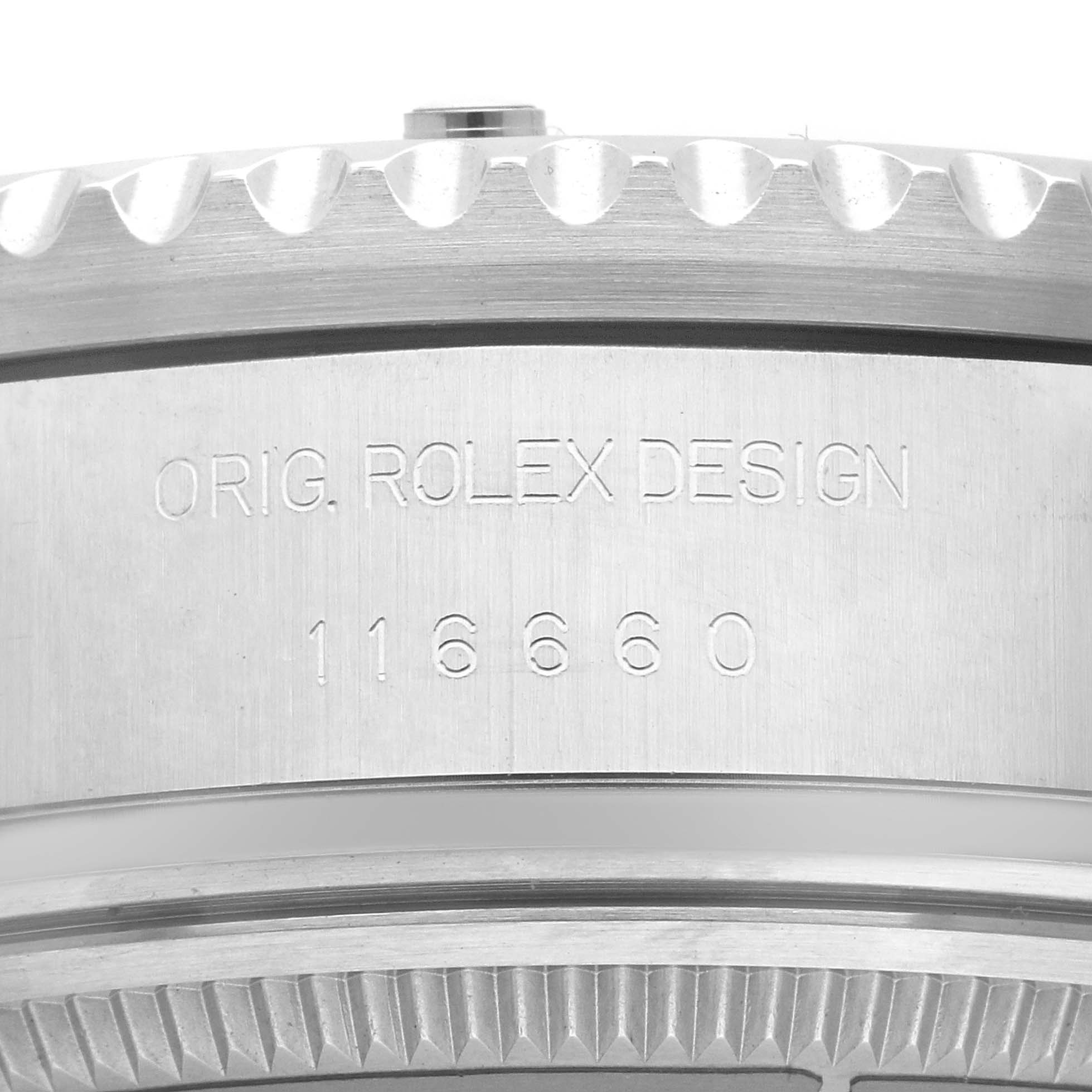 The image shows a close-up side view of the Rolex Sea-Dweller 116660 Men
s Stainless Steel Blue Dial 116660 Men
s Stainless Steel Blue Dial case, featuring the model number and design engraving.