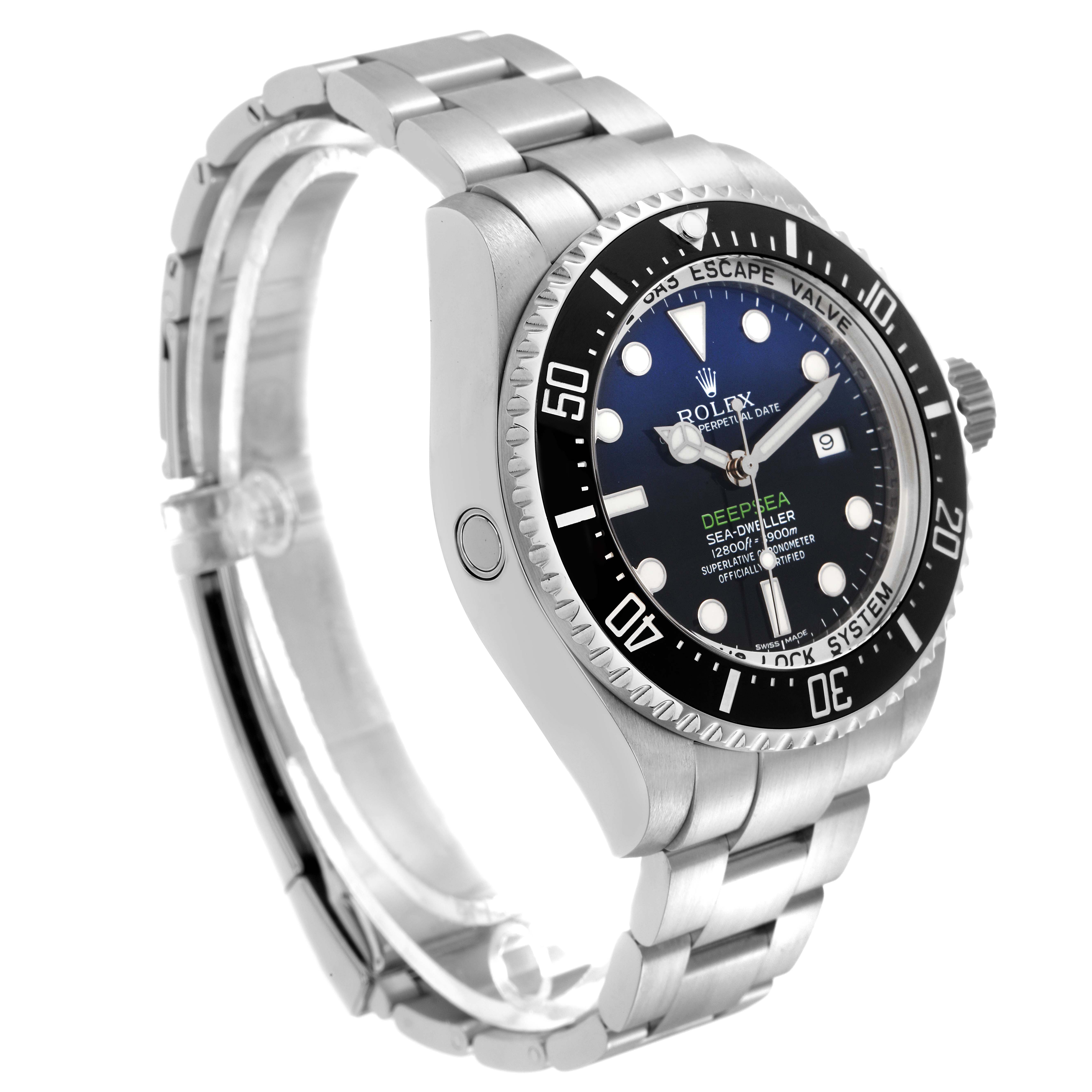 The Rolex Sea-Dweller 116660 Men
s Stainless Steel Blue Dial 116660 Men
s Stainless Steel Blue Dial is shown at a slight side angle, highlighting its bezel, dial, crown, and bracelet links.
