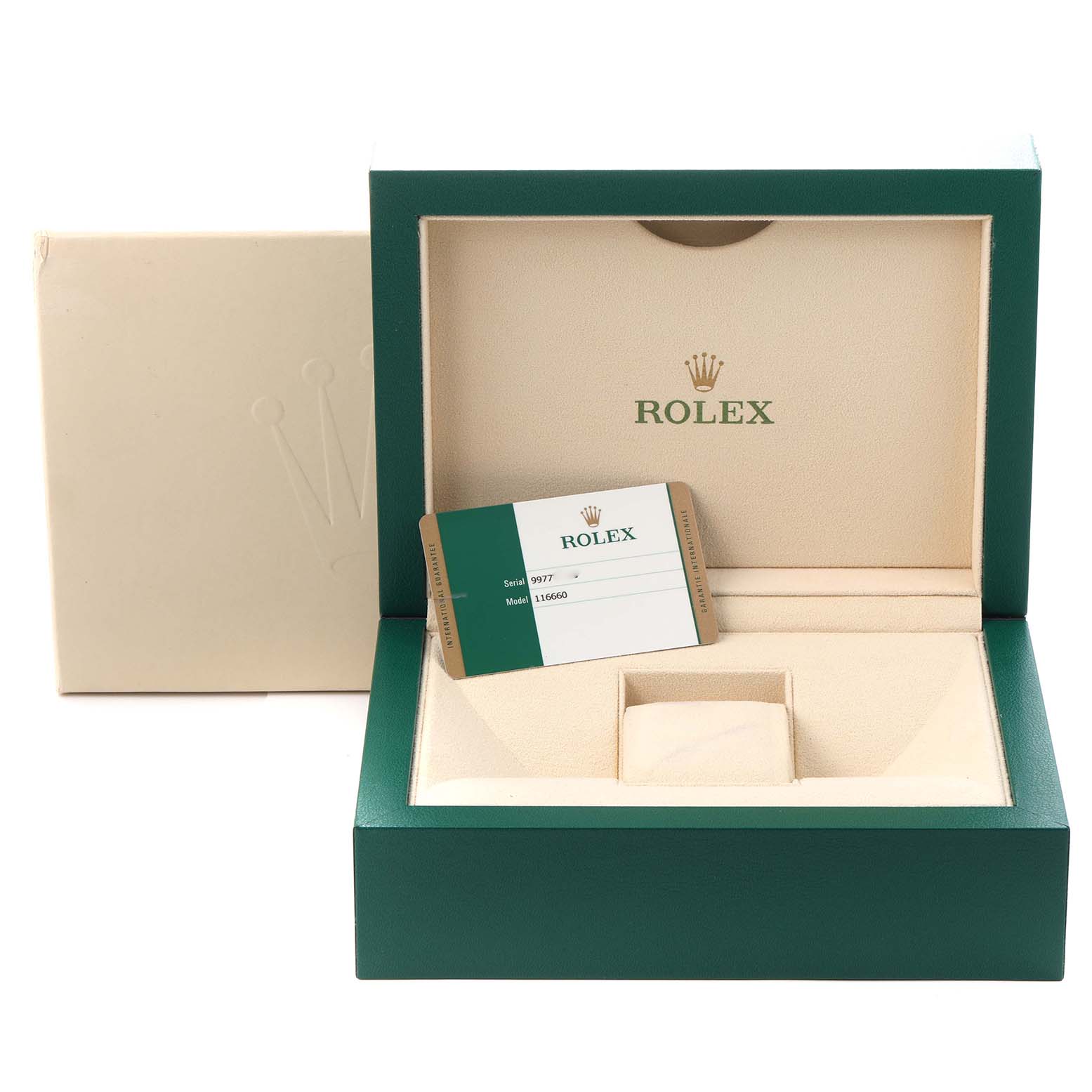 The image shows a top view of a Rolex Sea-Dweller 116660 Men
s Stainless Steel Blue Dial 116660 Men
s Stainless Steel Blue Dial watch box with an Best Quality
ity card inside.