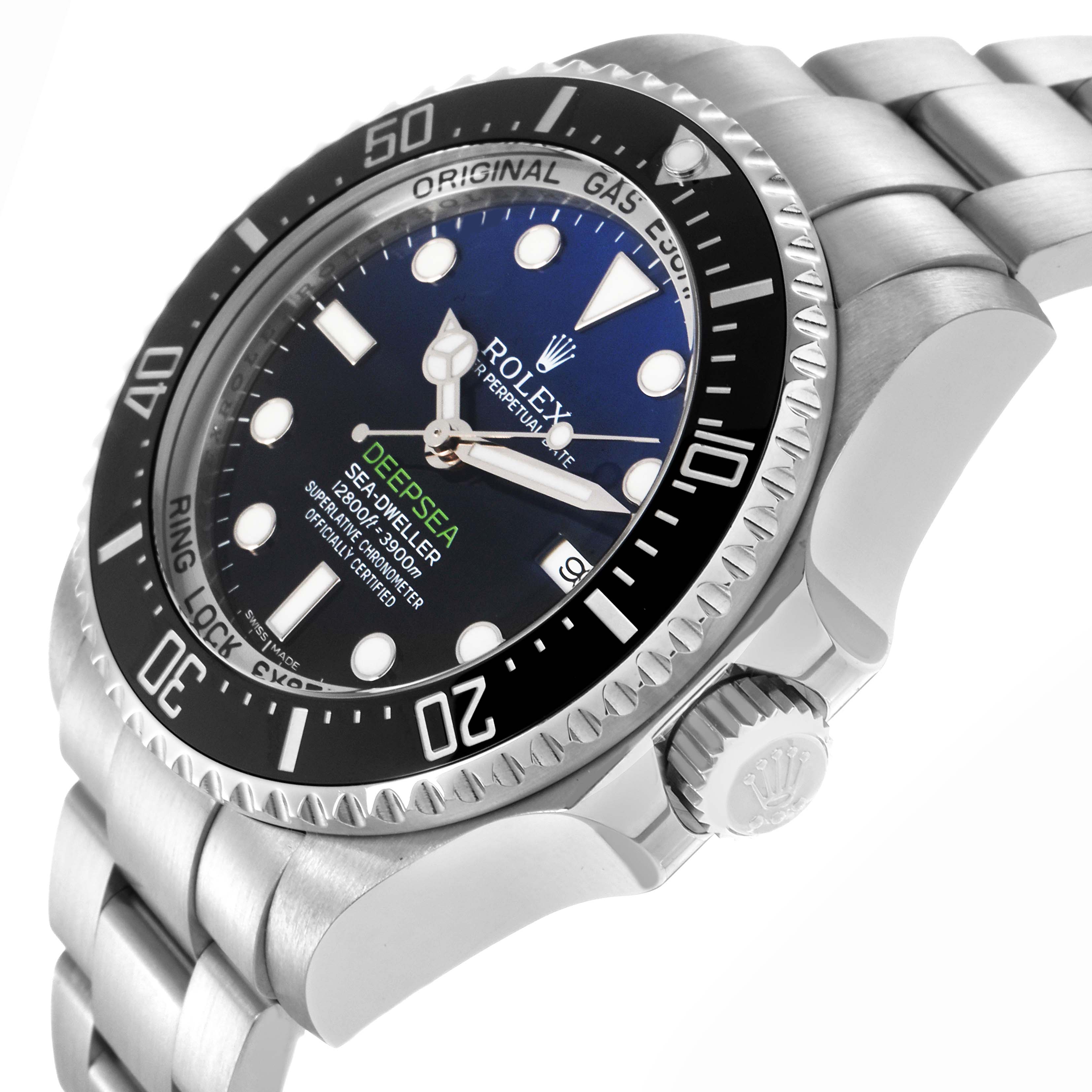 The Rolex Sea-Dweller 116660 Men
s Stainless Steel Blue Dial 116660 Men
s Stainless Steel Blue Dial watch is shown from a side angle, displaying the face, bezel, crown, and bracelet links.