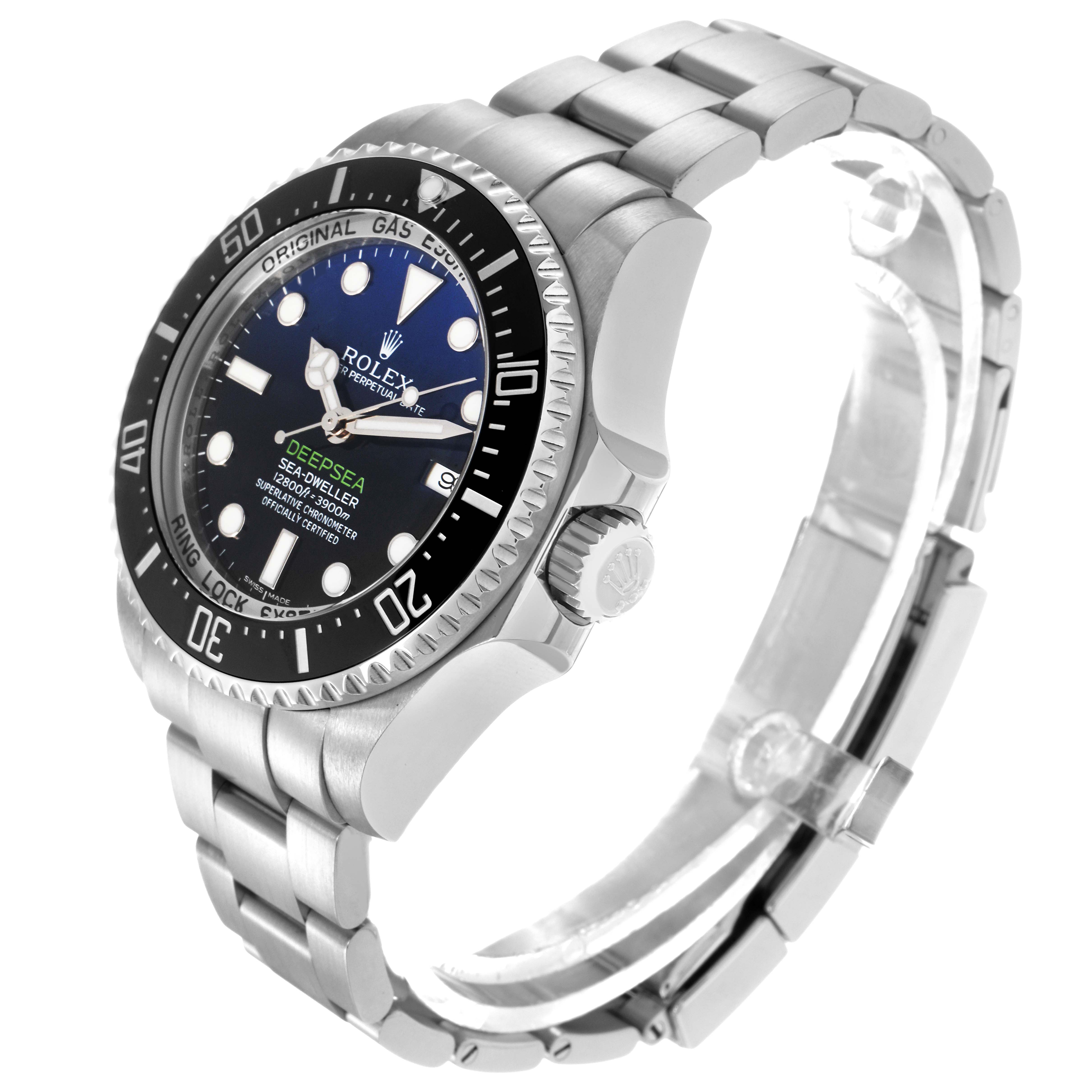 The Rolex Sea-Dweller 116660 Men
s Stainless Steel Blue Dial 116660 Men
s Stainless Steel Blue Dial is shown from a side angle, displaying the bezel, dial, crown, and bracelet.