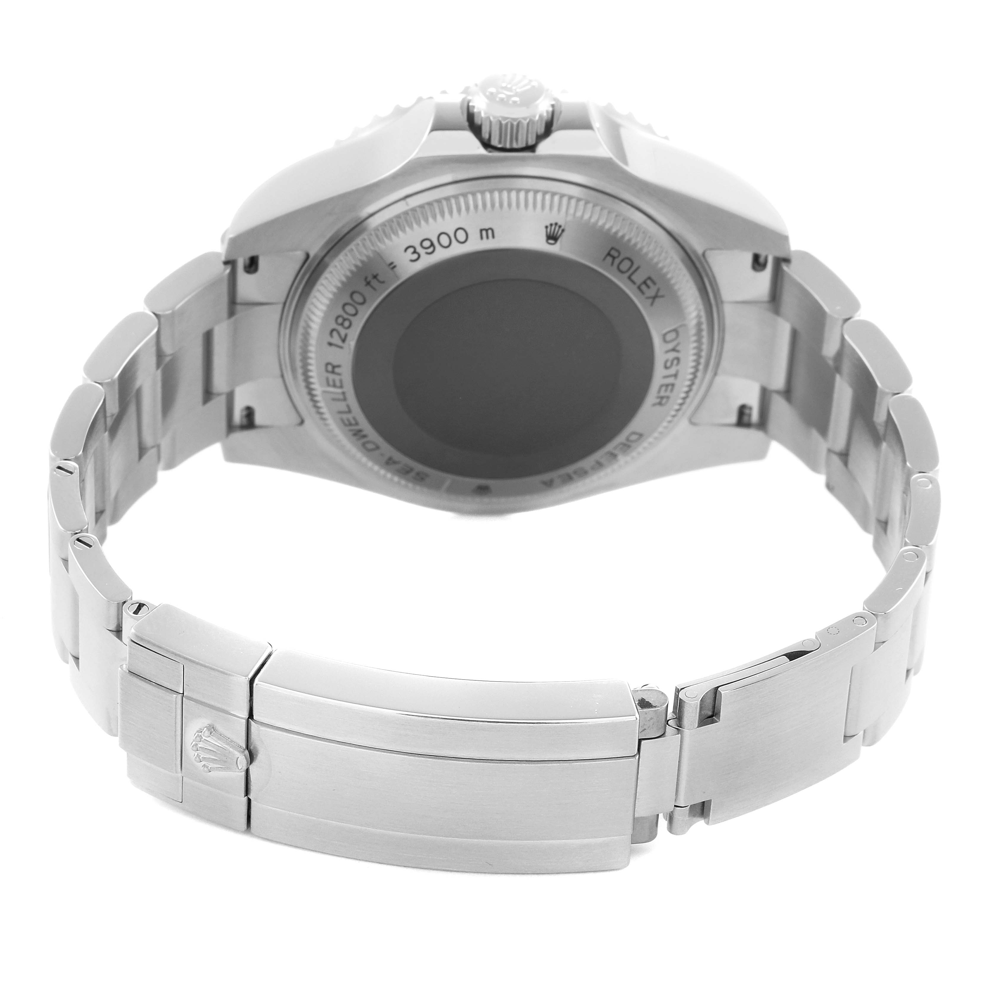 The image shows the back and clasp of the Rolex Sea-Dweller 116660 Men
s Stainless Steel Blue Dial 116660 Men
s Stainless Steel Blue Dial watch, highlighting the case back and bracelet.