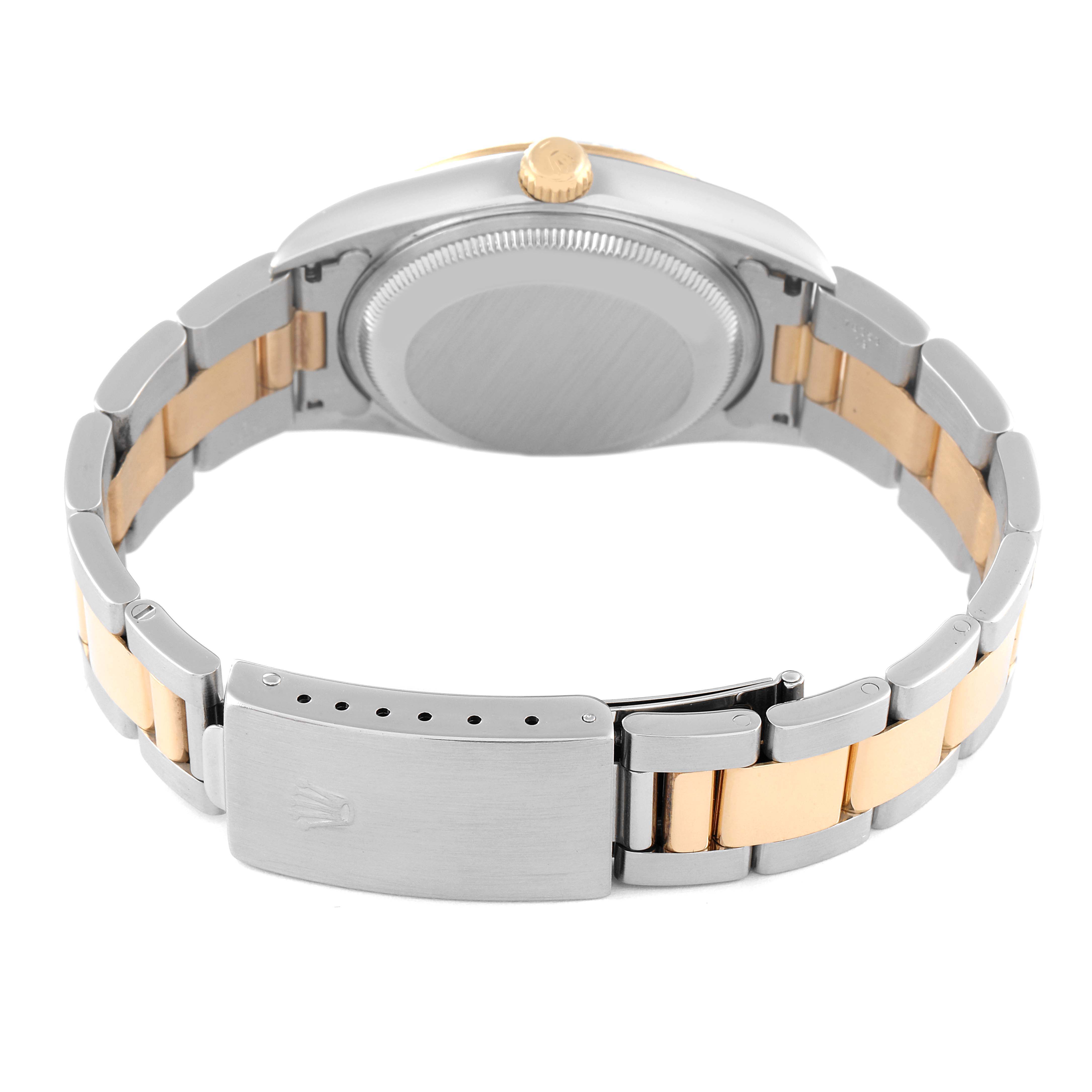 This image shows the back and bracelet of a Rolex Date 15223 Men's Steel and Gold (two tone) Black Dial 15223 Men's Steel and Gold (two tone) Black Dial model watch, highlighting the case back, crown, and two-tone metal bracelet.