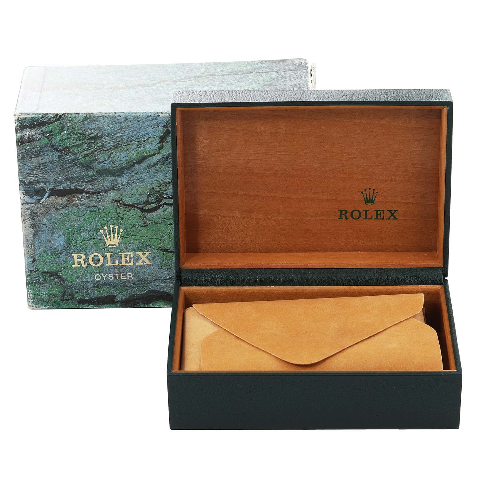 The image shows a Rolex Date 15223 Men's Steel and Gold (two tone) Black Dial 15223 Men's Steel and Gold (two tone) Black Dial model watch box and packaging from a front angle, including the outer box and inner case.