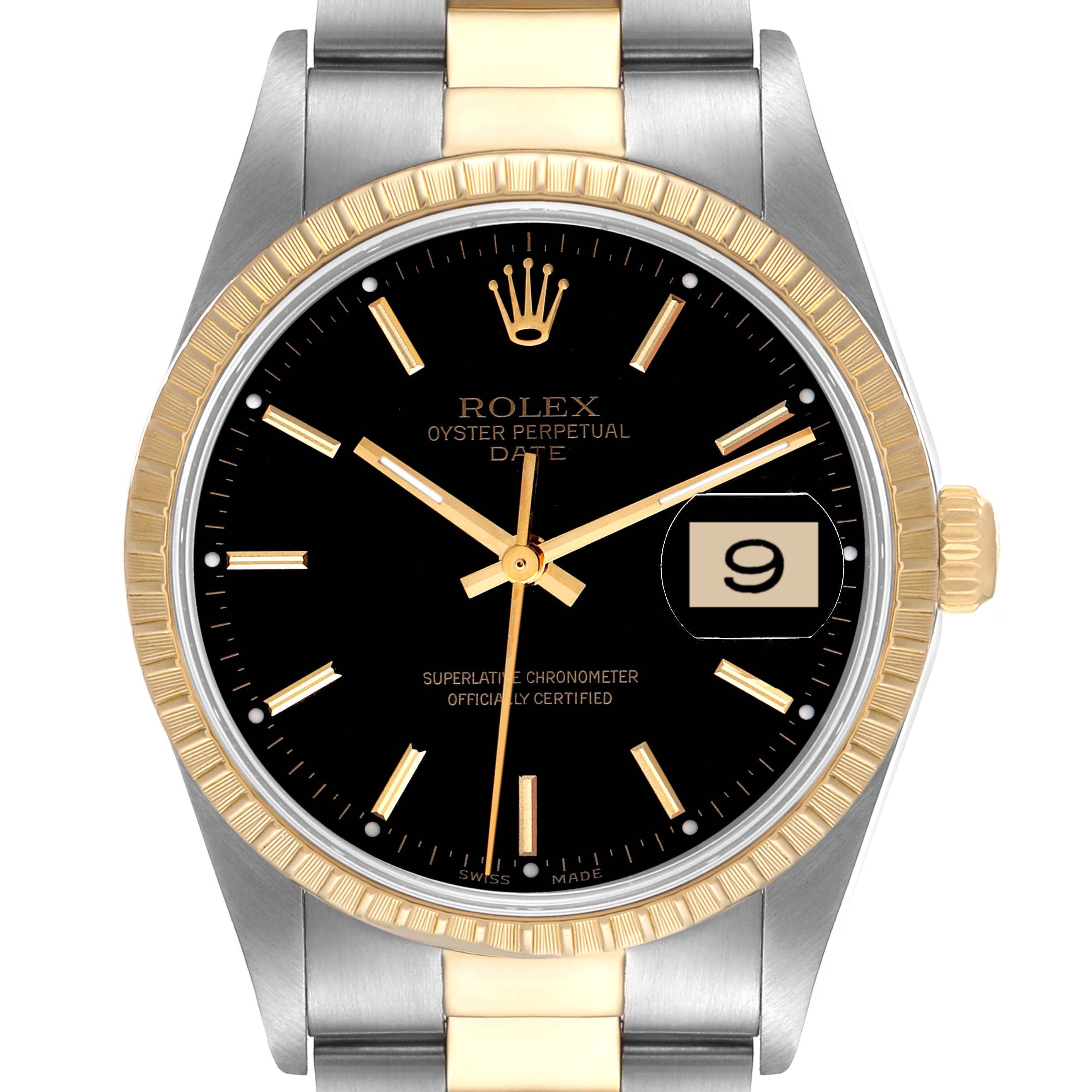The image shows a front view of a Rolex Oyster Perpetual Date watch featuring a black dial and gold accents.