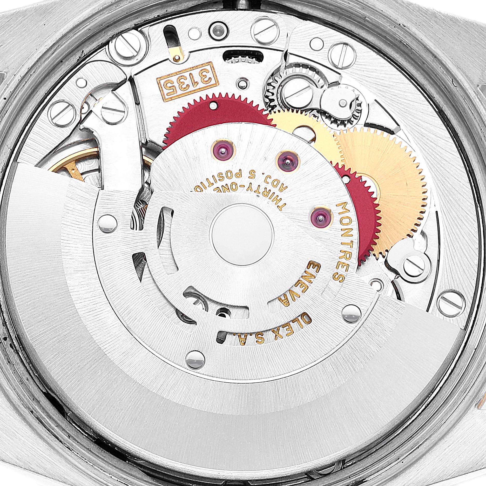 This image shows the internal movement mechanism of a Rolex Date 15223 Men's Steel and Gold (two tone) Black Dial 15223 Men's Steel and Gold (two tone) Black Dial model watch from a top angle.