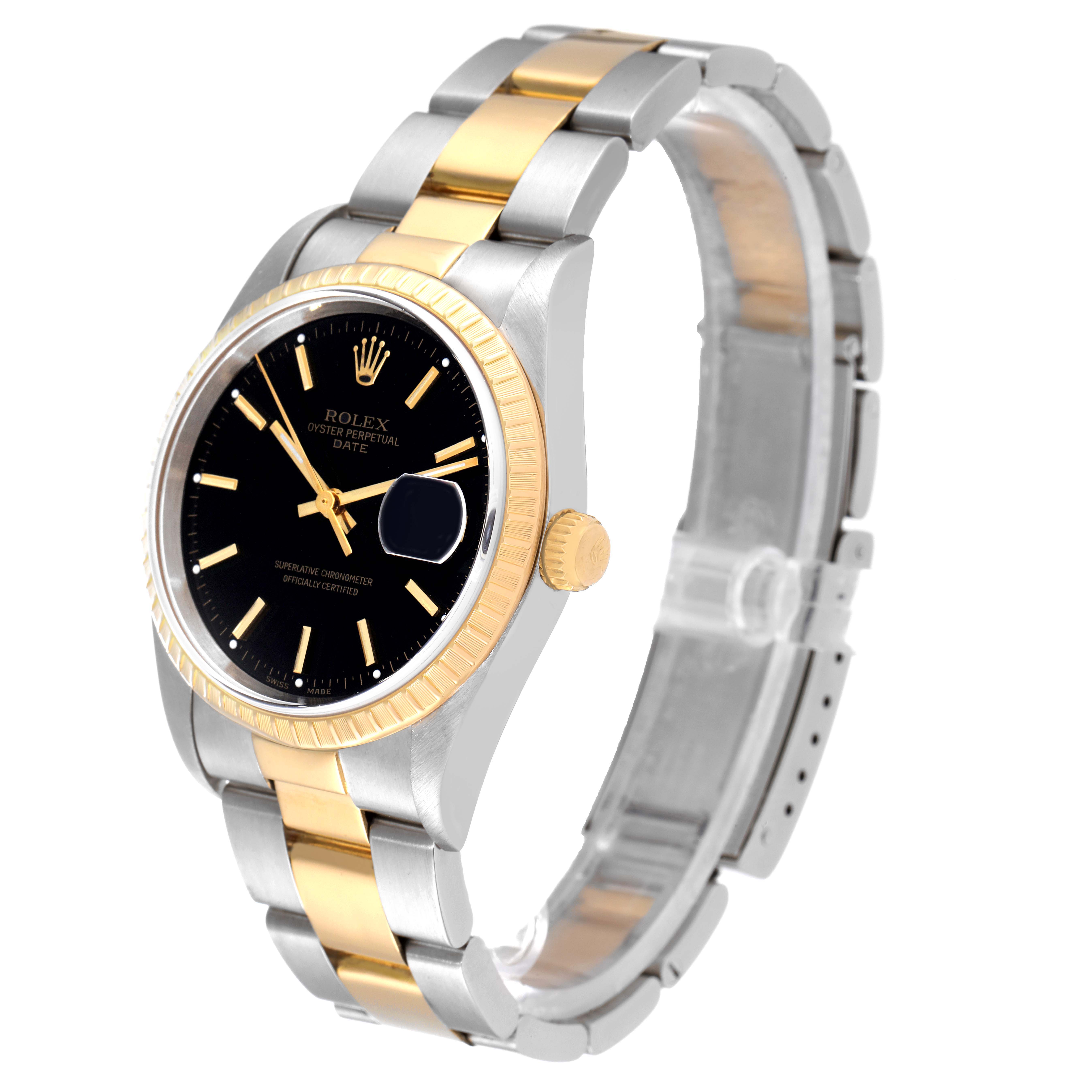 The Rolex Date 15223 Men's Steel and Gold (two tone) Black Dial 15223 Men's Steel and Gold (two tone) Black Dial model is shown at an oblique angle displaying the face, bezel, crown, and bracelet.